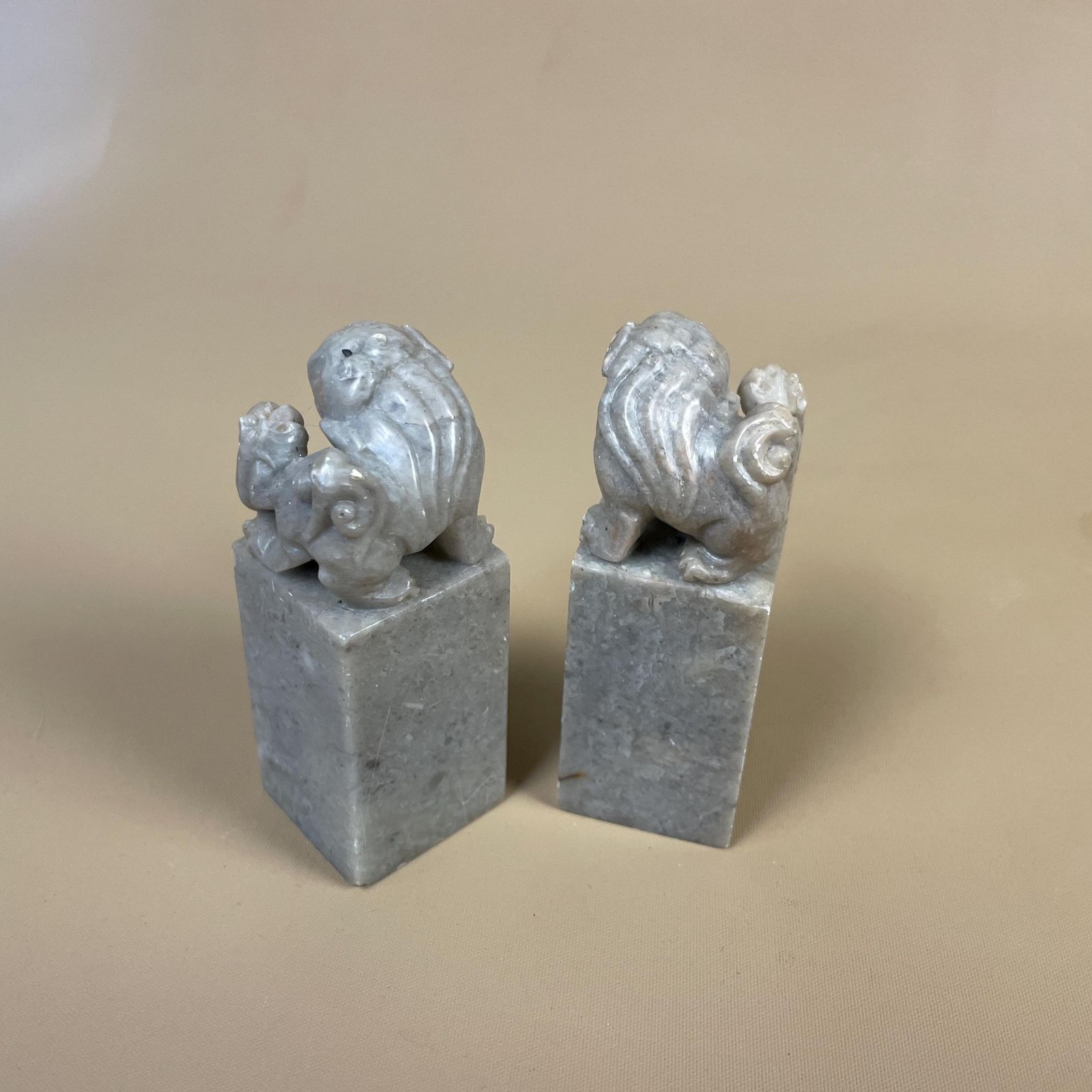 Pair Of Oriental Chinese Dragons Foo Dogs Ornaments Soapstone Mini Statues Grey Green photo vintage