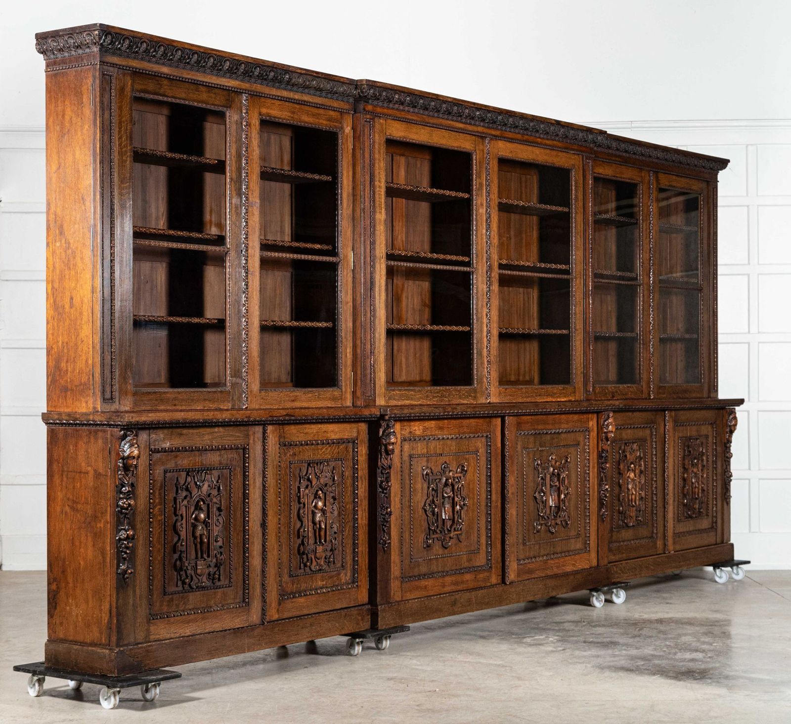 Magnificent Monumental English 19thc Carved Oak Breakfront Glazed Bookcase photo furniture