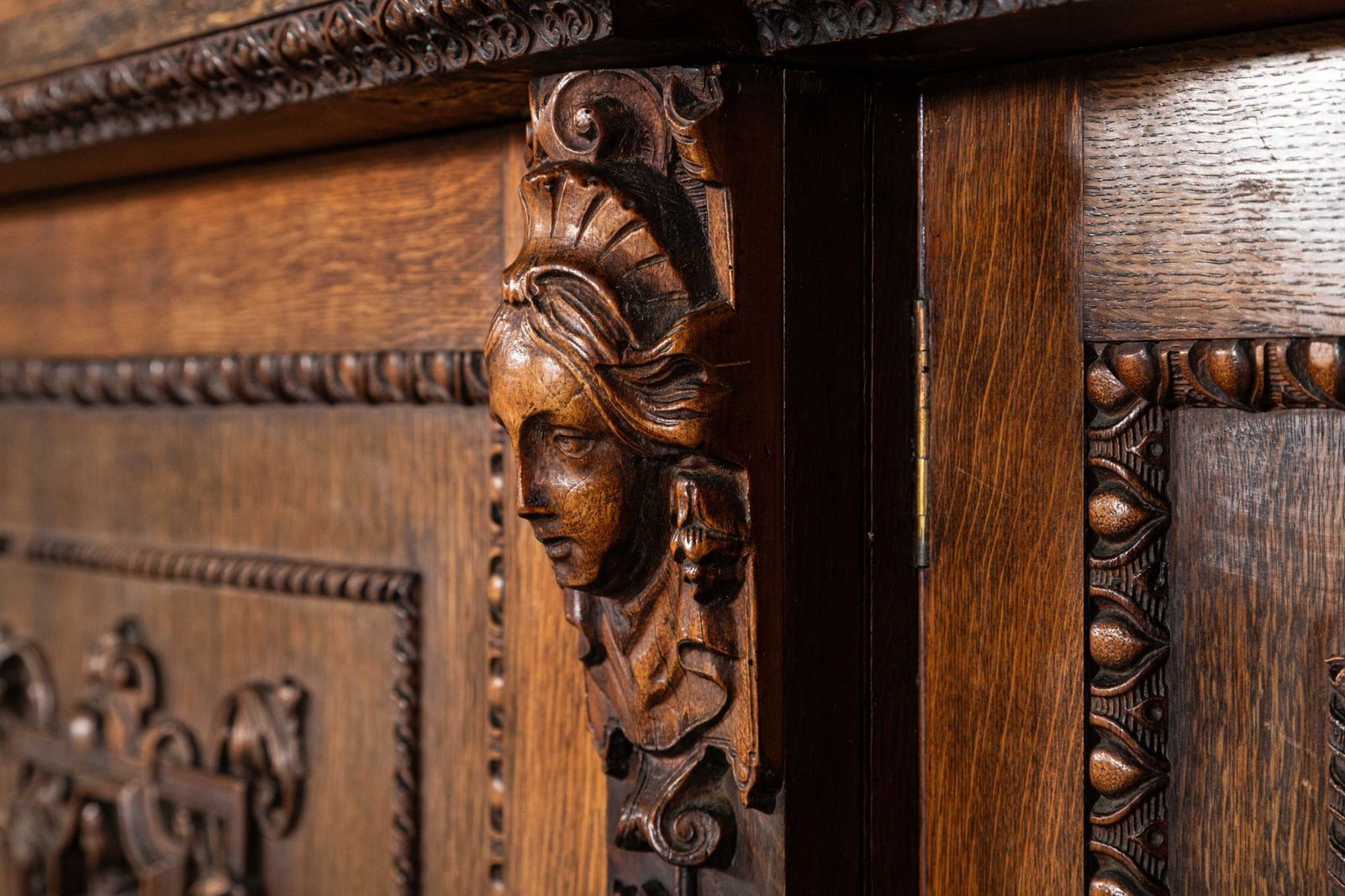 photo for sale Magnificent Monumental English 19thc Carved Oak Breakfront Glazed Bookcase