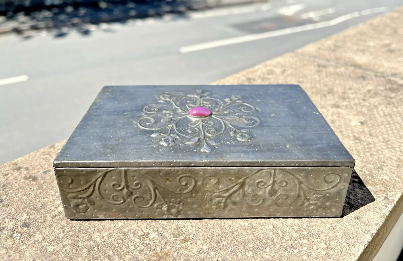 Antique Arts & Crafts Floral Pewter Cabochon Jewelled Box Trinket Jewellery photo furniture