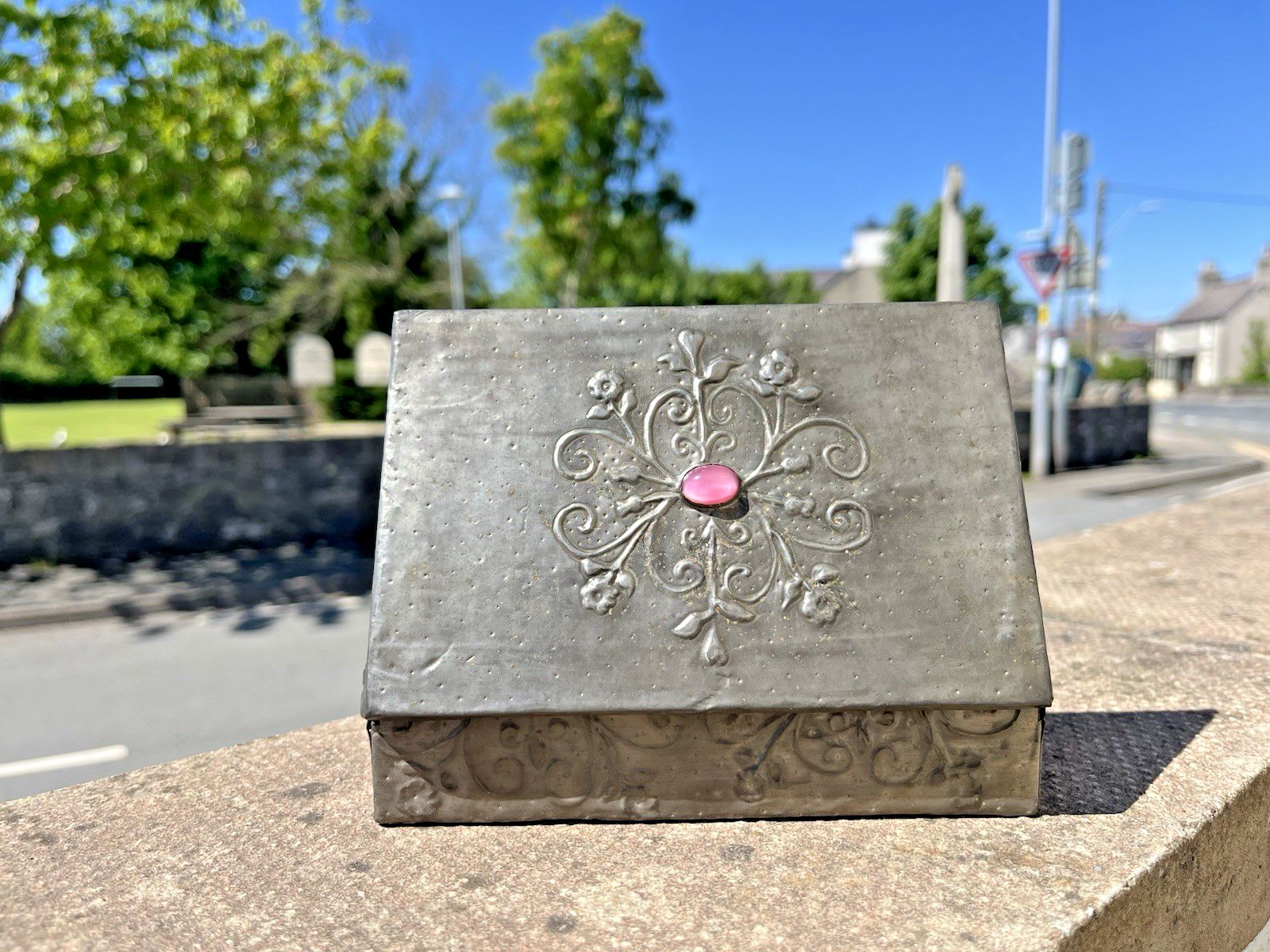 Antique Arts & Crafts Floral Pewter Cabochon Jewelled Box Trinket Jewellery photo buy