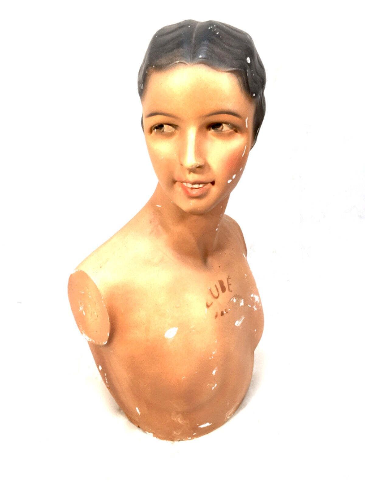 Antique Advertising Art Deco French Shop Display Female Mannequin Bust By Lubé photo for sale