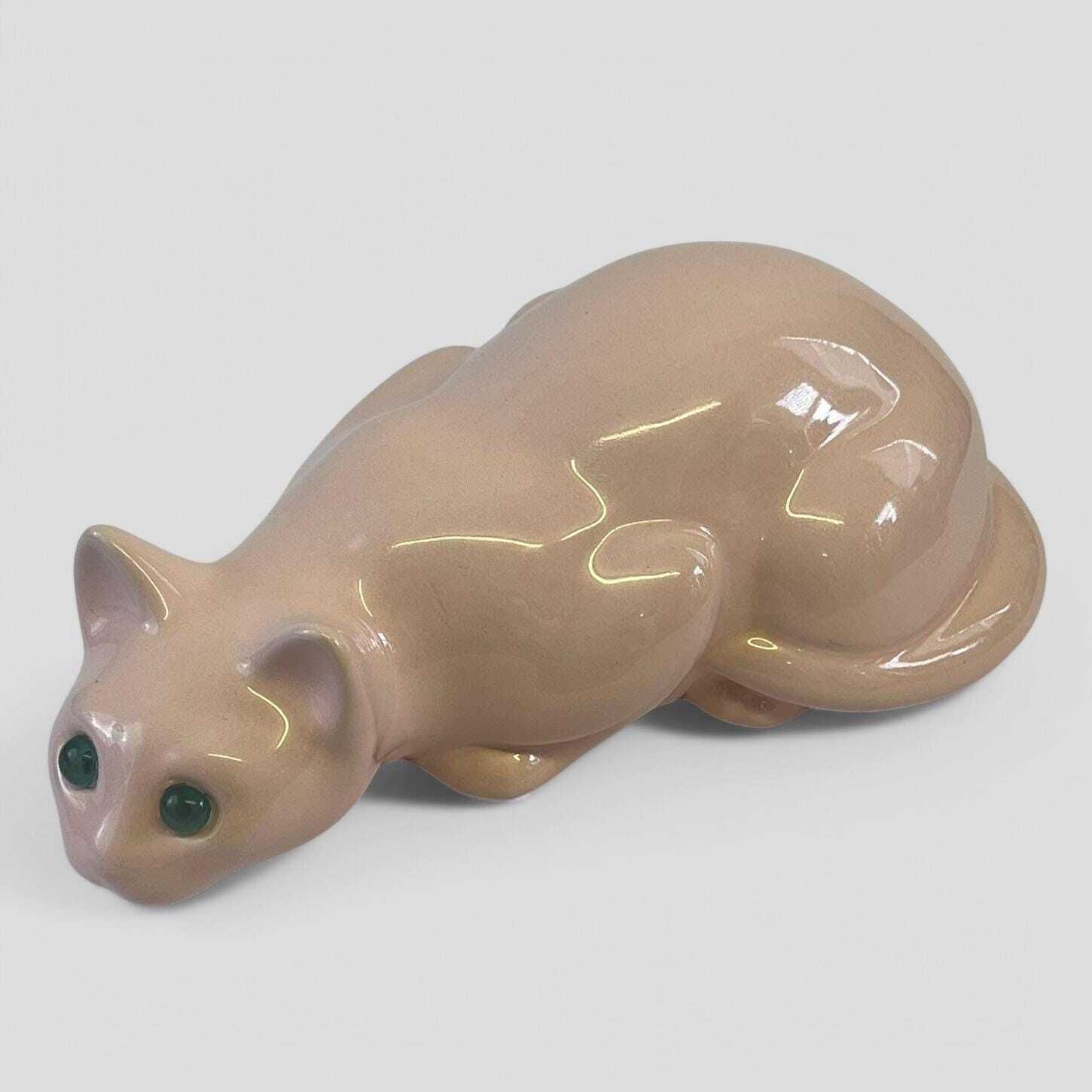 Vintage 1960's Glazed Pink Ceramic Kitsch Cat Figurine Sculpture