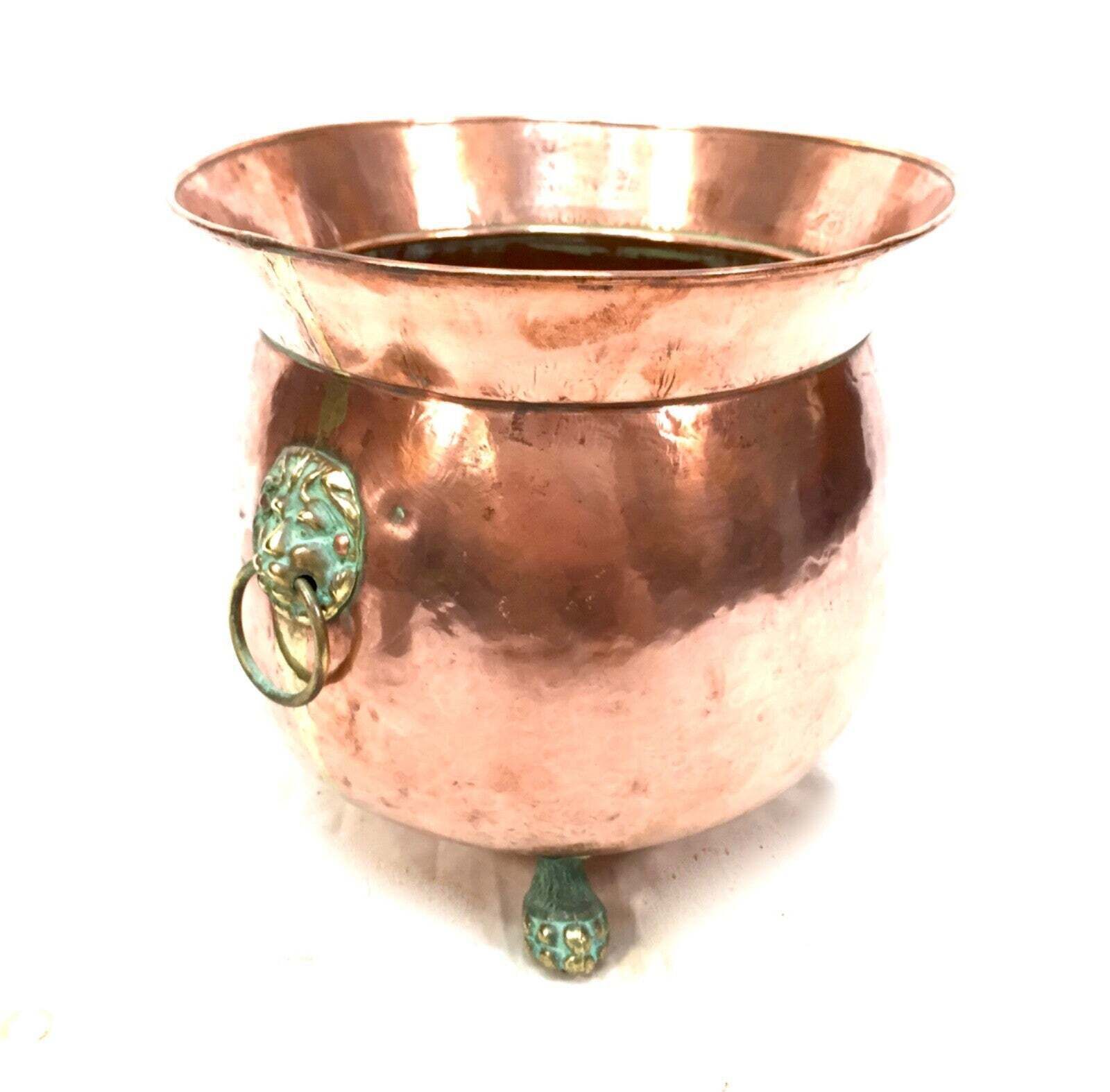 Antique Arts & Crafts Copper Planter / Brass Lion Mask Handles Plant Pot C.1890