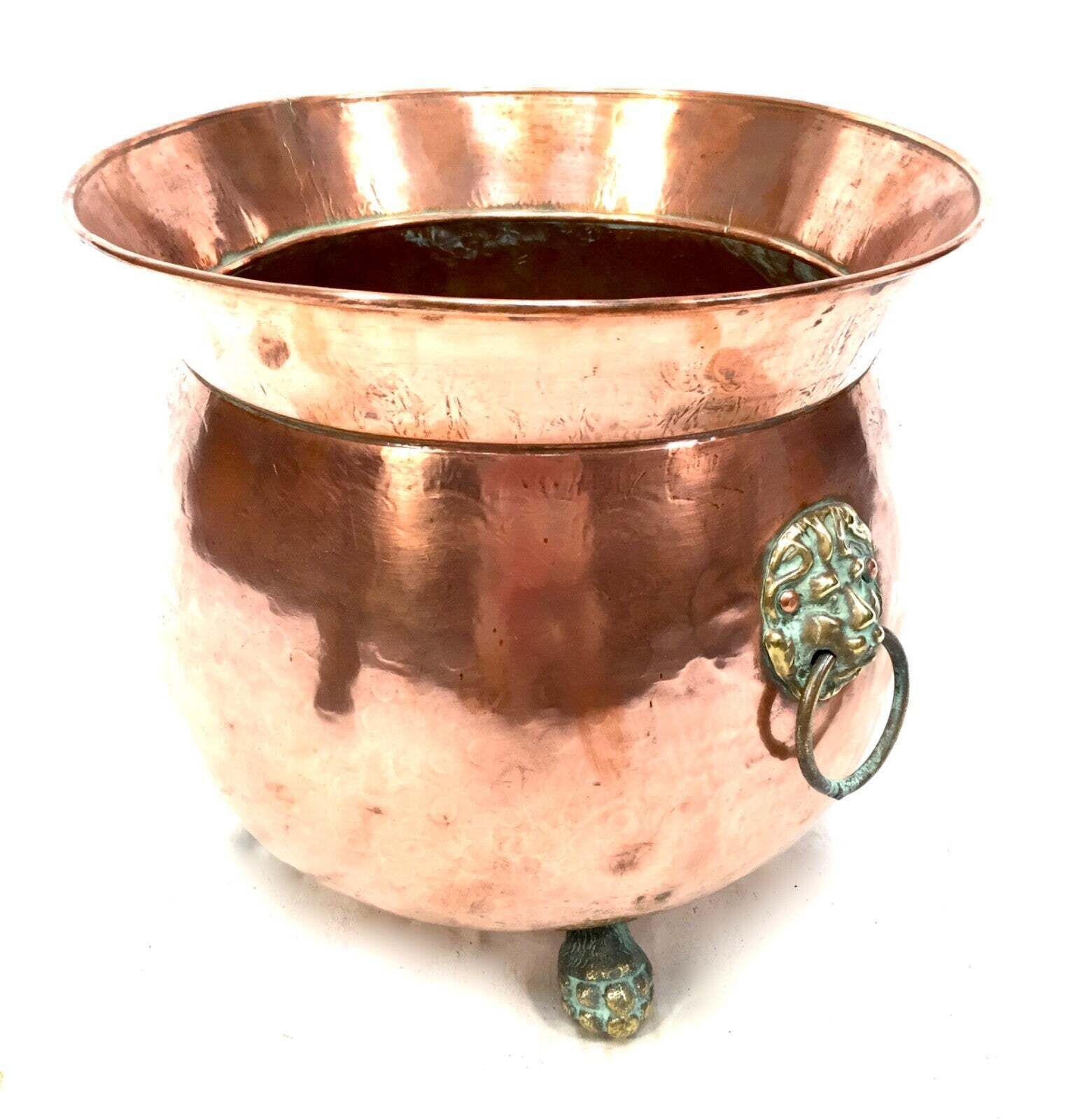 Antique Arts & Crafts Copper Planter / Brass Lion Mask Handles Plant Pot C.1890 photo for sale