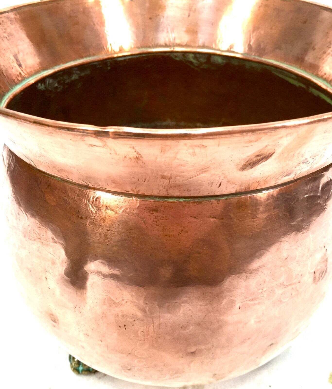 Antique Arts & Crafts Copper Planter / Brass Lion Mask Handles Plant Pot C.1890 photo vinterior