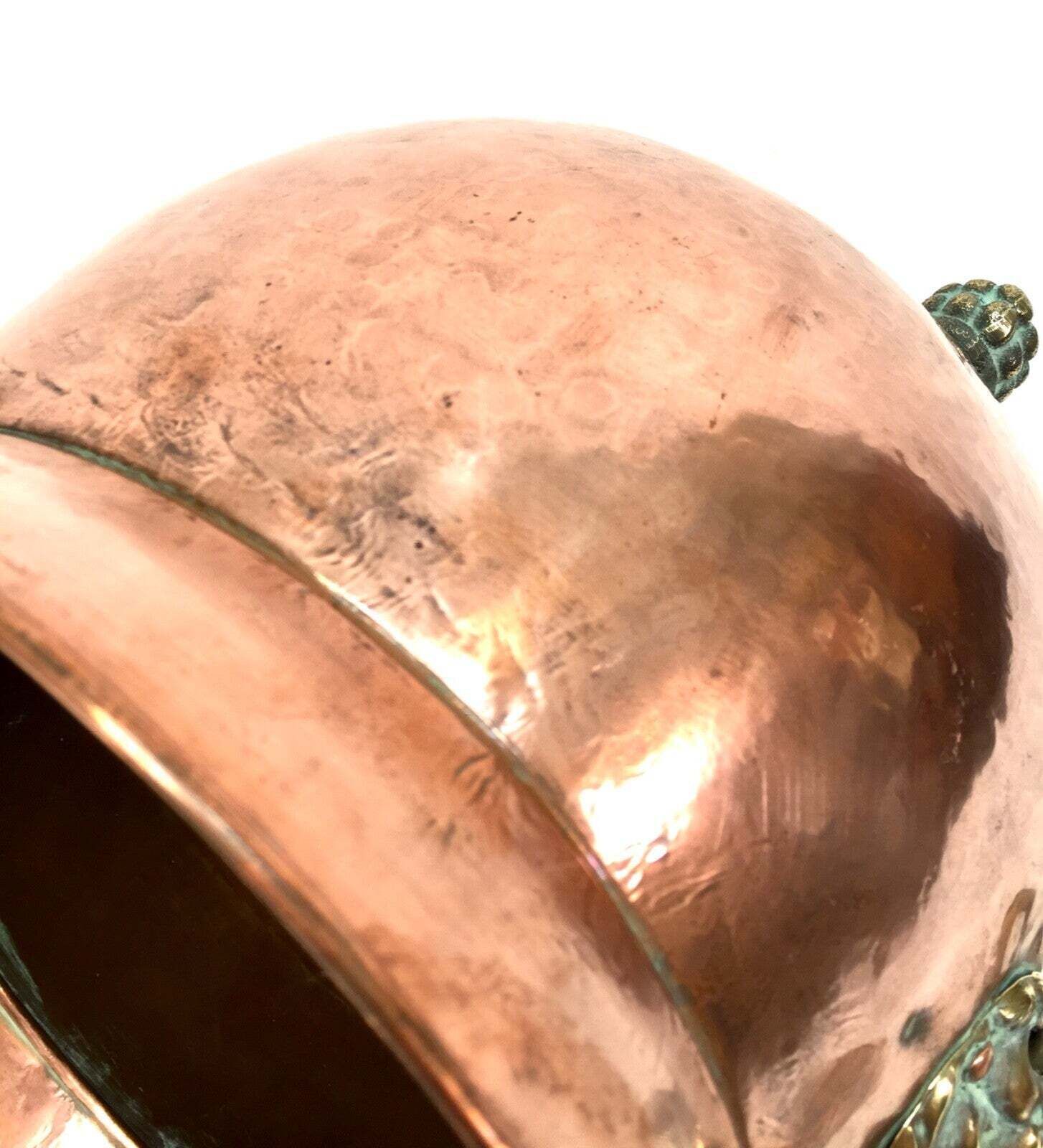 photo for sale Antique Arts & Crafts Copper Planter / Brass Lion Mask Handles Plant Pot C.1890