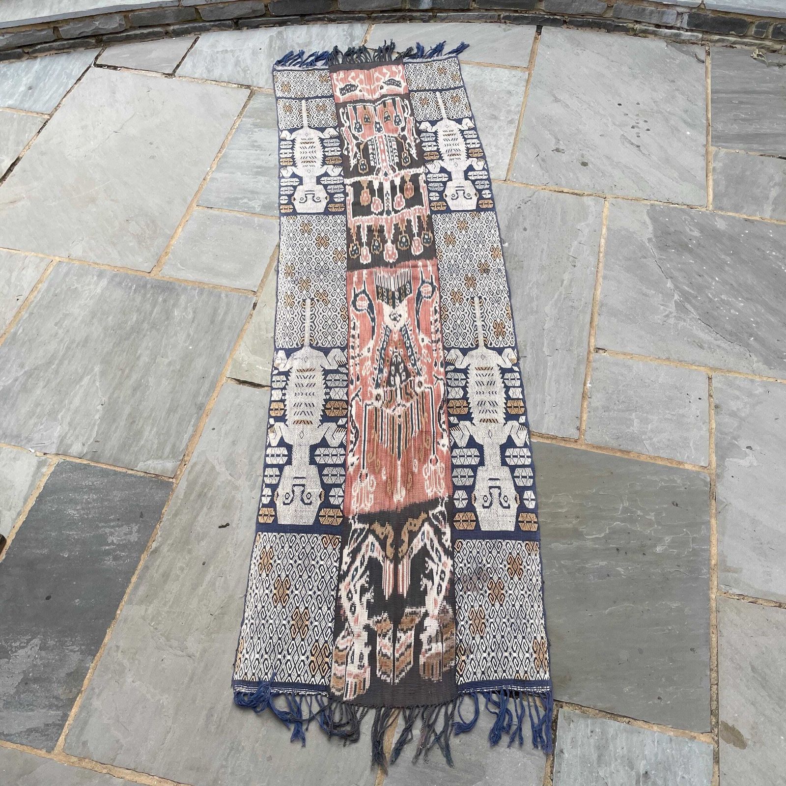 Indonesian Handmade Fabric Table Runner Blue Pink Tassel Ends Long 217x61cm South East Asian photo buy