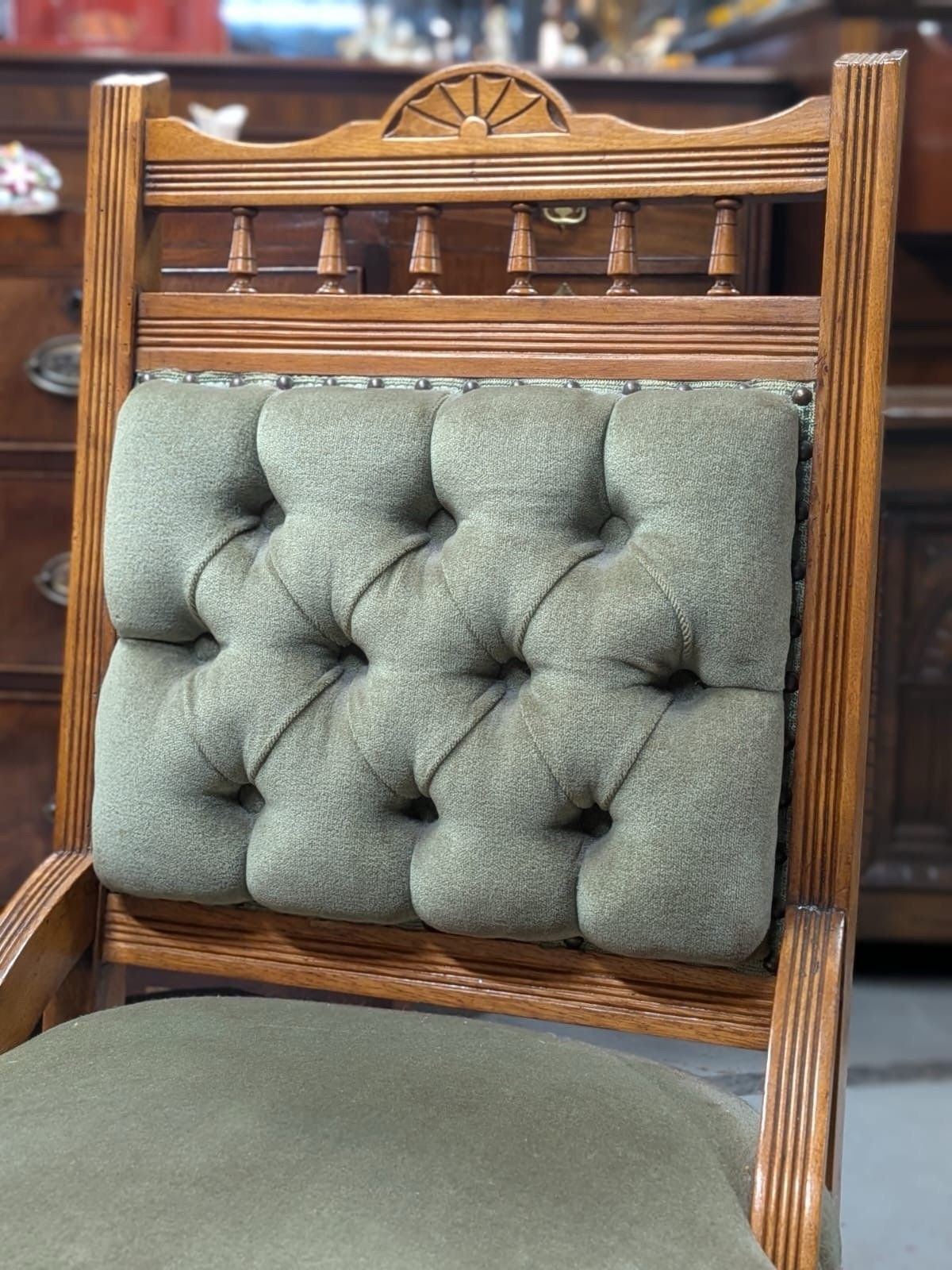 Victorian Satin Walnut Green Upholstered Chair photo for sale