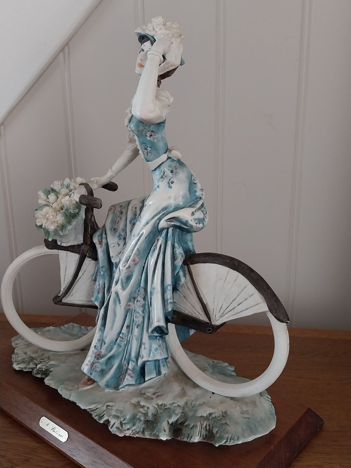 Capodimonte Auro Belcari Girl On Bycycle With Flower Basket. Large. photo Home Fixtures