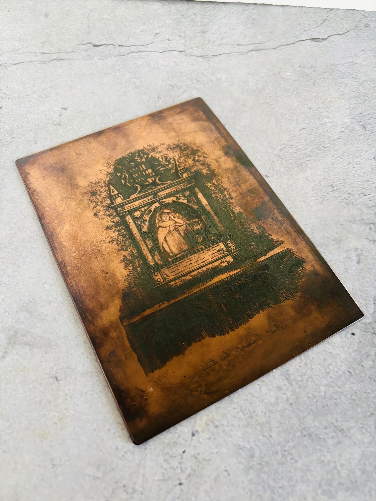 Antique Etched Copper Printing Plate Monument To Anne Wylde In Tong Church In Salop photo vinterior