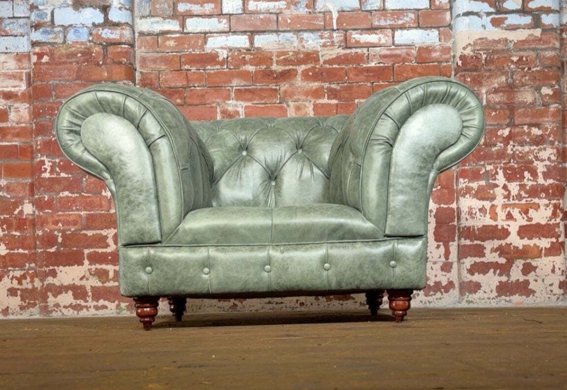 Sophisticated 1931 Chesterfield Chair In Premium Distressed Sage Green Leather photo Furniture