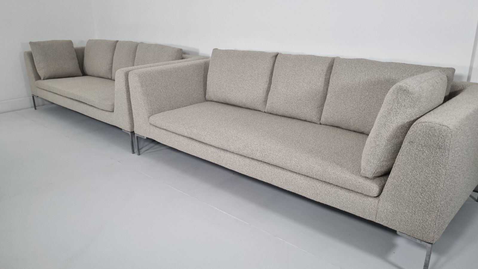 photo for sale Bb Italia Pair Of Charles Sofas In Grey Boucle With Hues Of Honey In Excellent