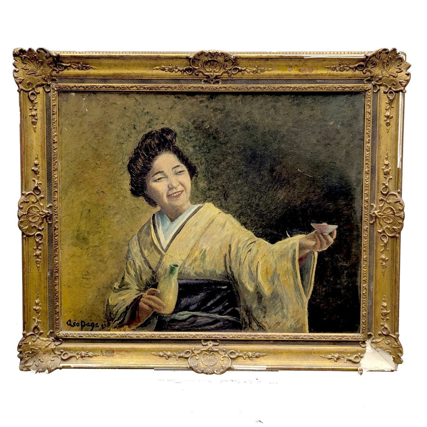 Léo Page (1951) – Oil On Hardboard: "Woman With Sake" – Large Oriental Painting