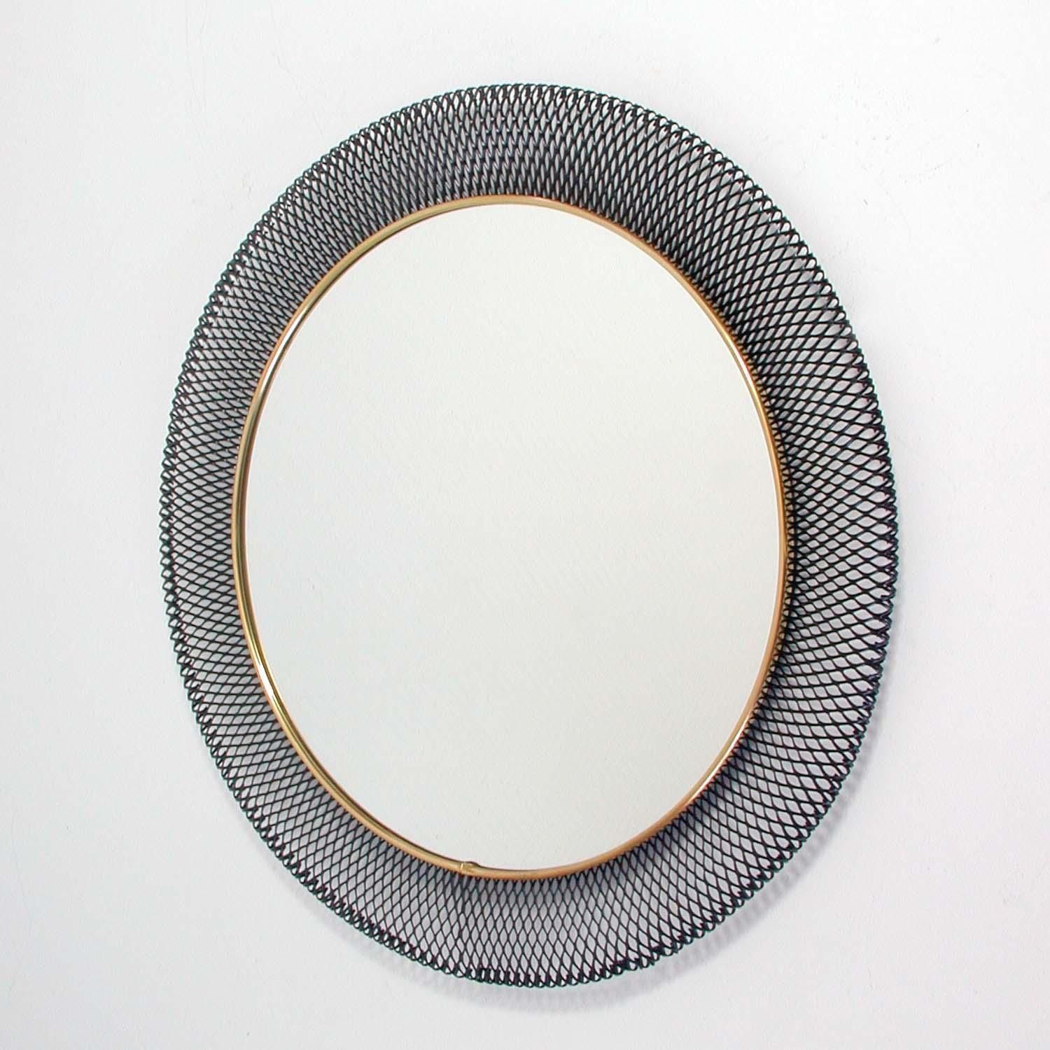 Midcentury German Wall Mirror Black Metal Brass Vereinigte Werkstätten, Munich photo for sale