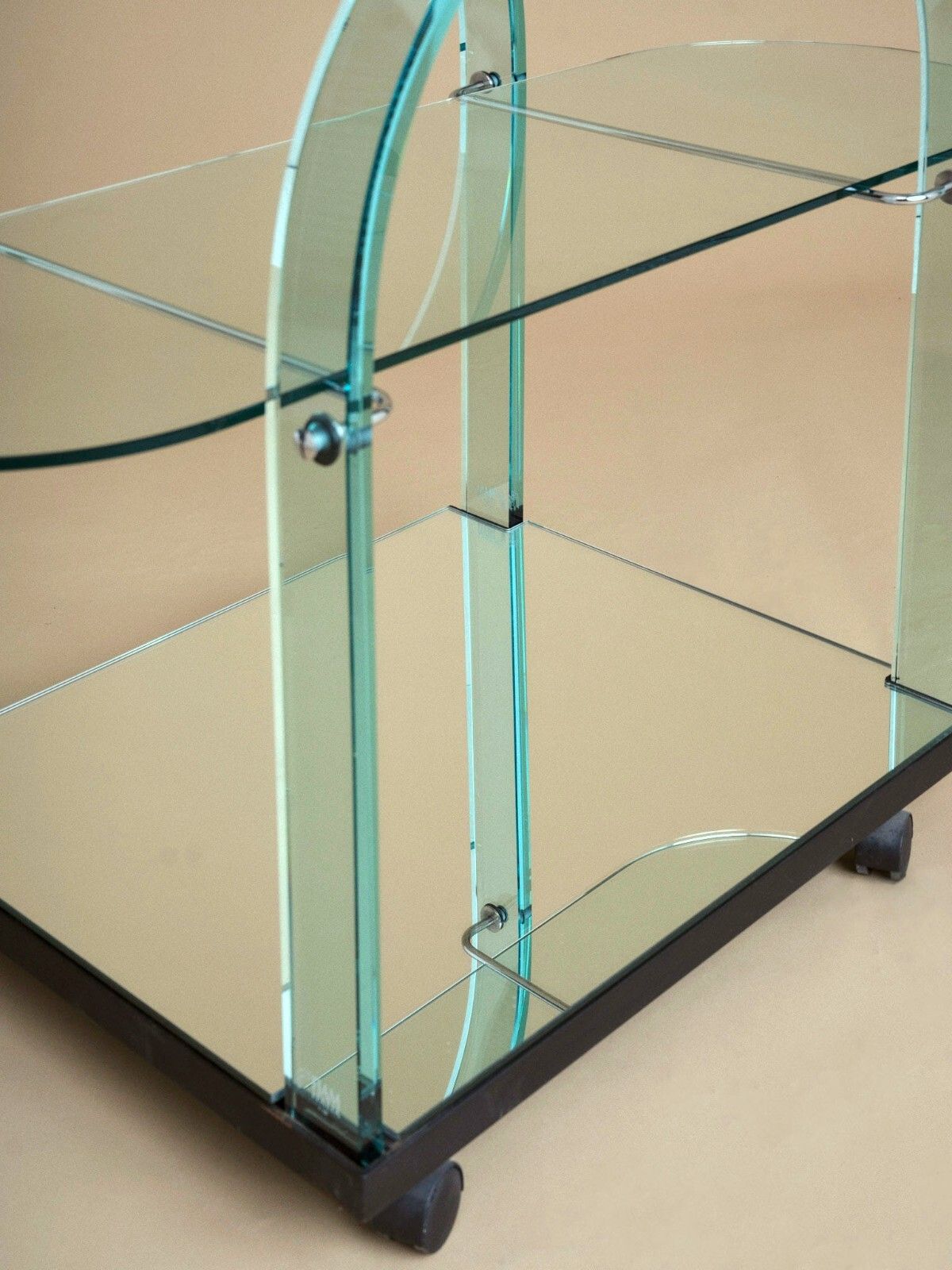 photo for sale 1980's Italian Mirrored Glass Postmodern Cocktail Bar Trolley Cart By Fiam