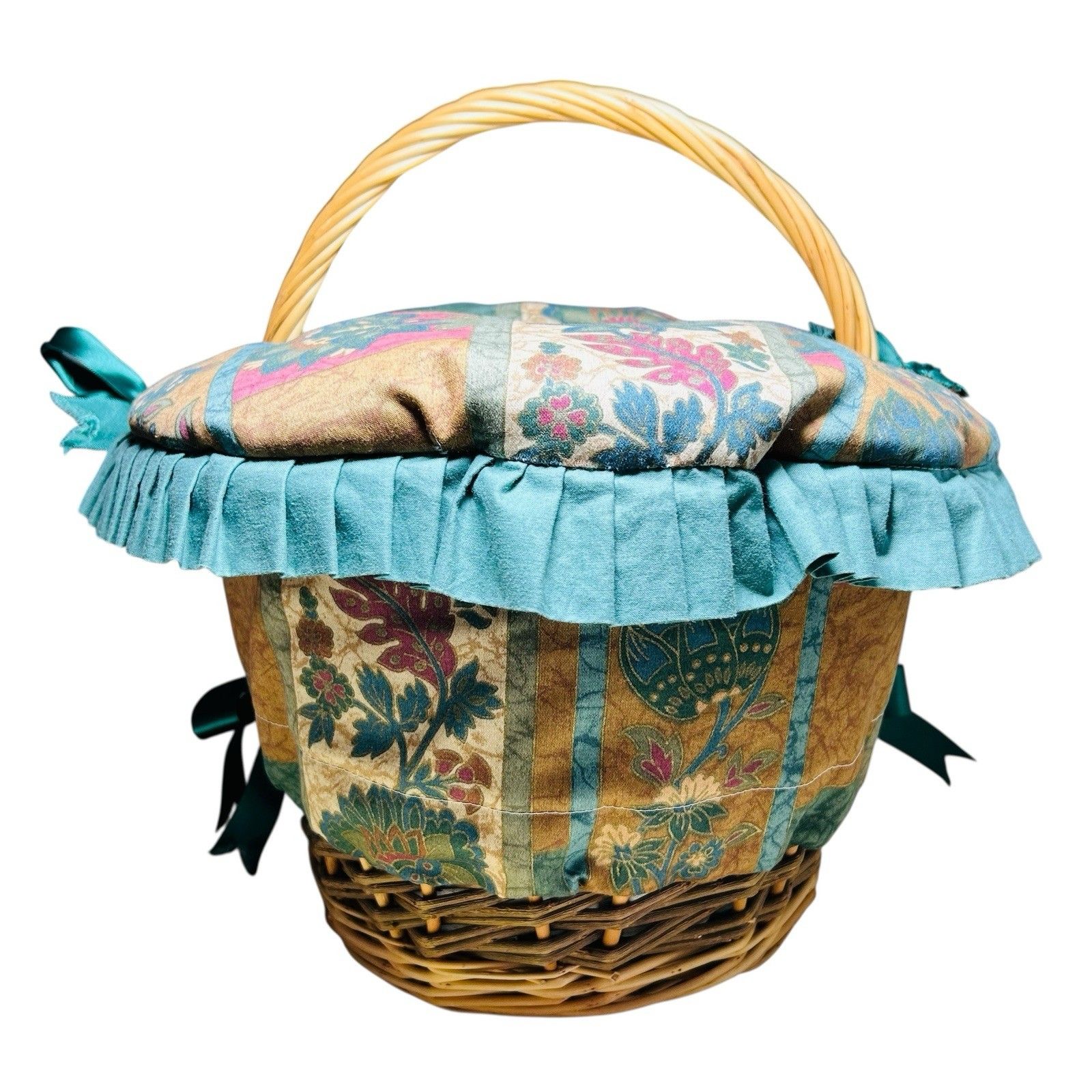 Basketmakers Of Shropshire Willow Picnic Basket Handmade Quilted Lid Liner Green photo vinterior