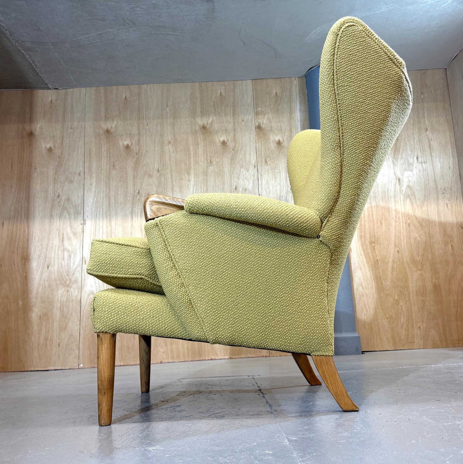 photo for sale Parker Knoll Beautiful 1960’s Papa Bear Wingback Armchair In Heritage Premium Mustard Wool And Mohair Fabric. Fully Refurbished & Restored.