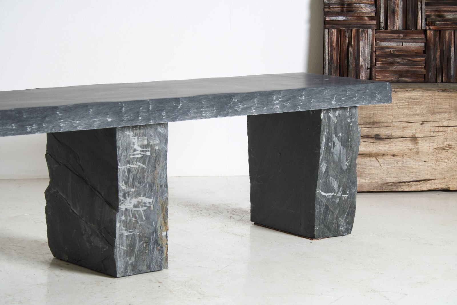 photo vintage Large 6ft Natural Wabi Sabi Stone Slate Bench Seat On Bolster Plinth Base