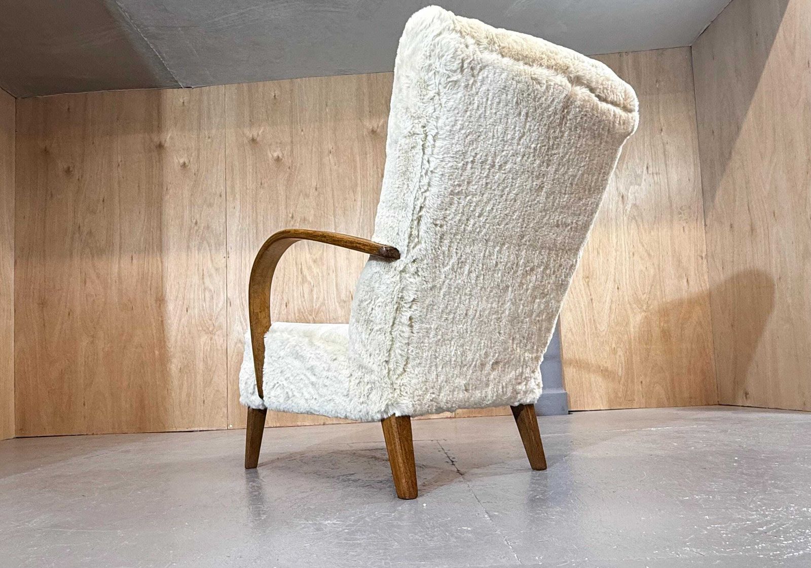 Art Deco 1940’s Swept Curved Arm Oak Armchair In Polar Fleece Nordic Fur Fabric. Has Been Fully Refurbished & Restored.. Stunning Item…. photo vinterior