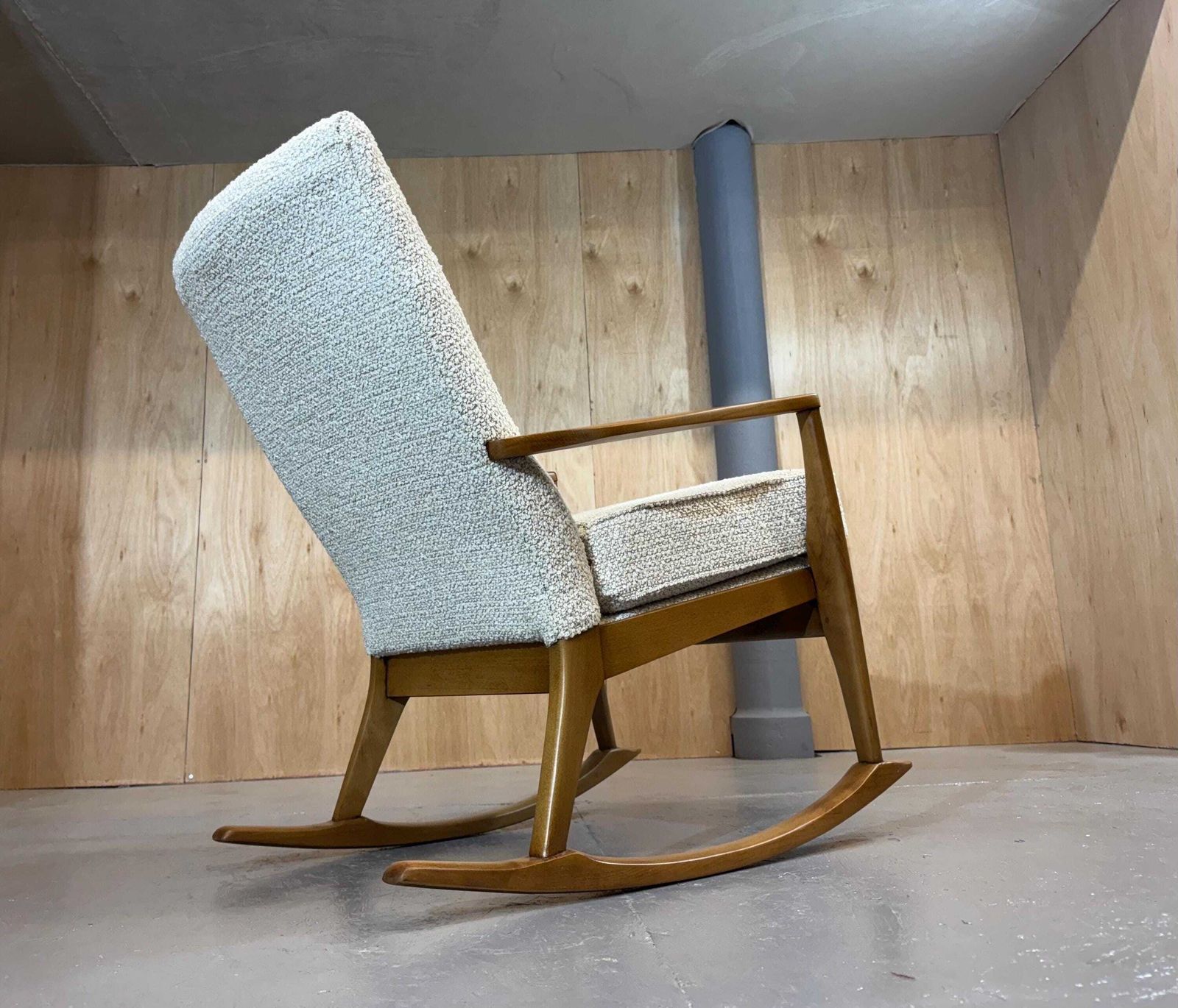 Parker Knoll Beautiful 1960’s Solid Beech Wooden Bespoke Rocker Armchair In Ivory Dusk Deep Boucle Fabric. Fully Refurbished & Restored. photo buy