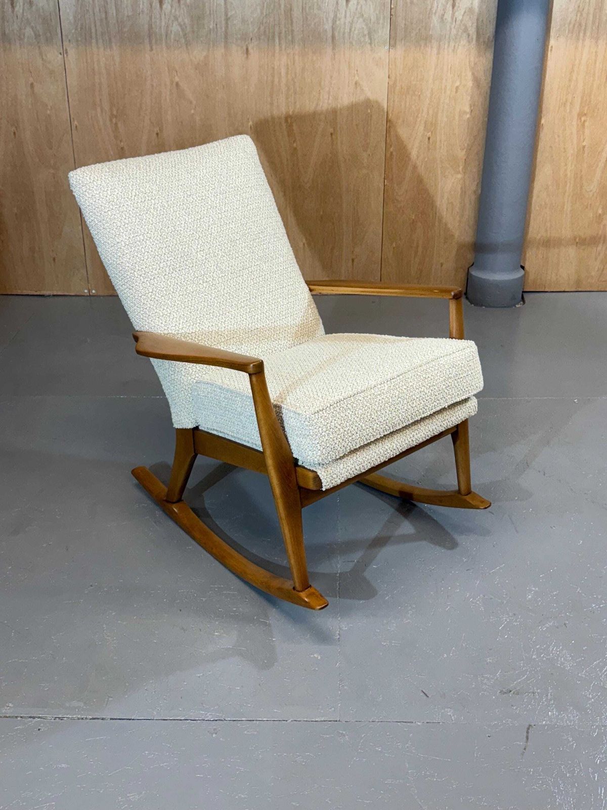 photo for sale Parker Knoll Beautiful 1960’s Solid Beech Wooden Bespoke Rocker Armchair In Ivory Dusk Deep Boucle Fabric. Fully Refurbished & Restored.