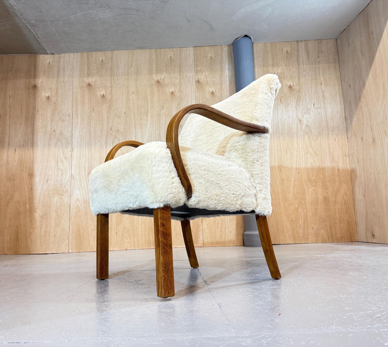 Parker Knoll Petite 1930’s Bespoke Utility Armchair In Oak And Polar Fleece Nordic Fur Luxury Fabric. Fully Refurbished & Restored.