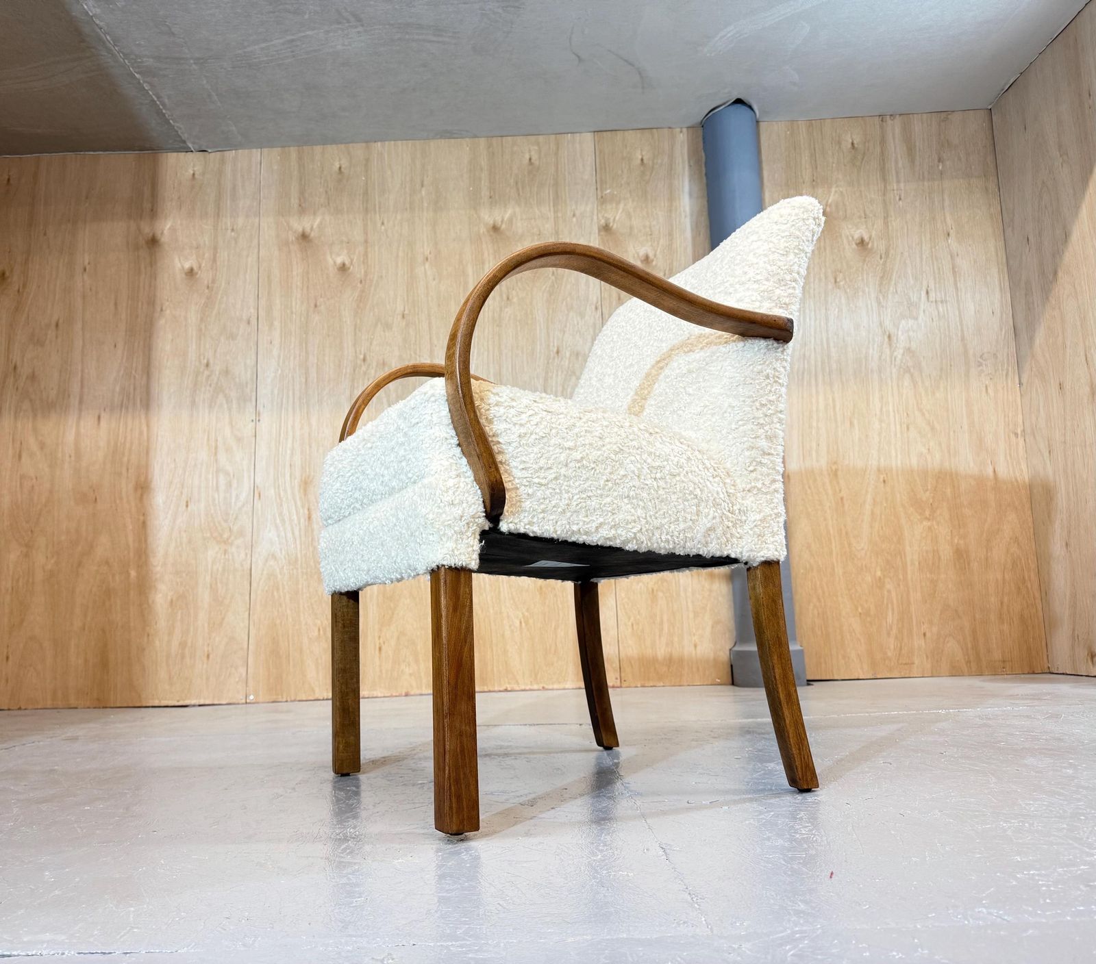 Parker Knoll 1930’s Oak Utility Petite Armchair In (Faux) Lambs Sheep Fleece Deep Boucle Luxury. Fully Refurbished & Restored.