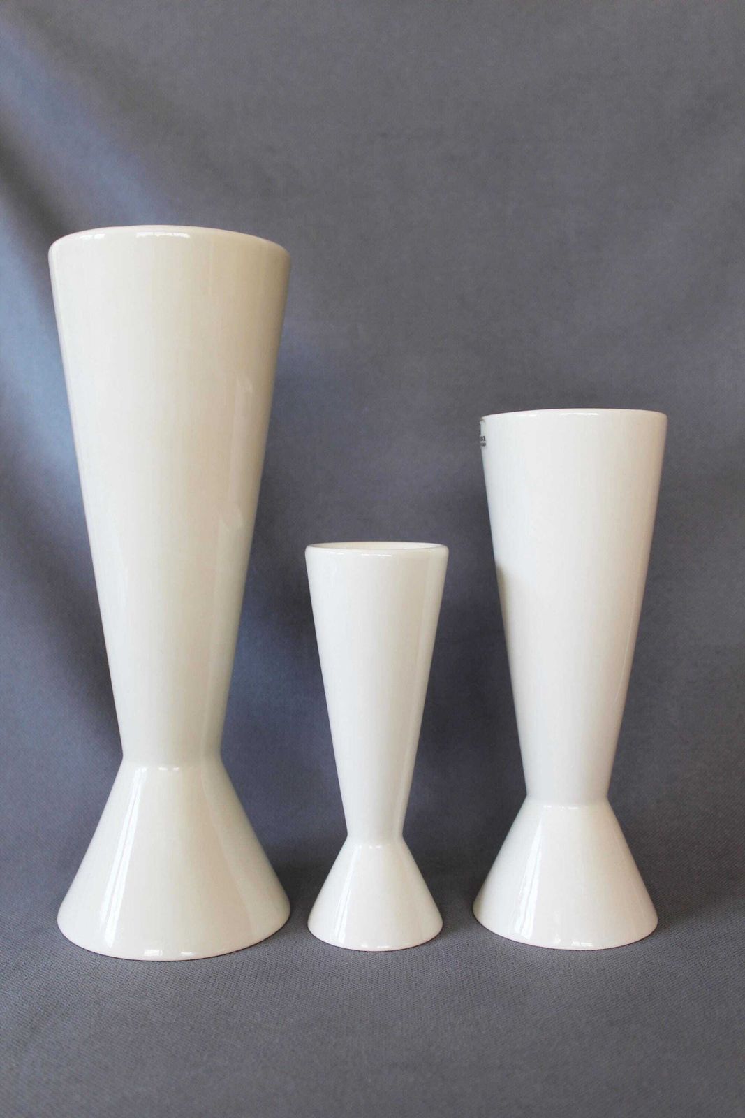 Set Of 3 Modernist Ceramic Off White Cone Vase, Candle Holder, Royal Boch Belgium, Designer Emmanuel Gardin, Model Slender, Double Sided photo vinterior