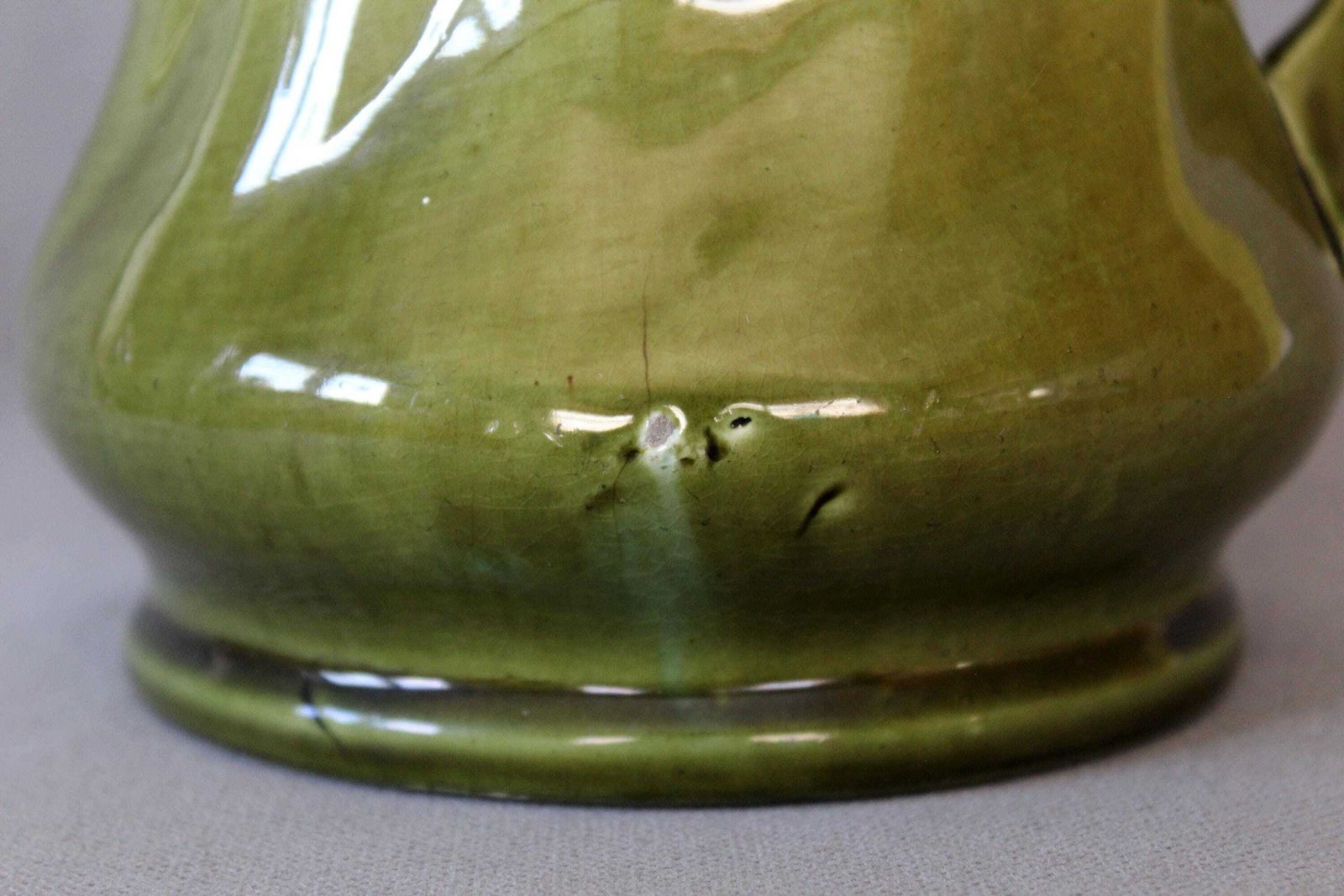 Large And Tall Antique French Majolica Ceramic Jug Pitcher, Turquoise Green Brown, Leaf Design, 19th Century, Water Pitcher, Collectible photo for sale
