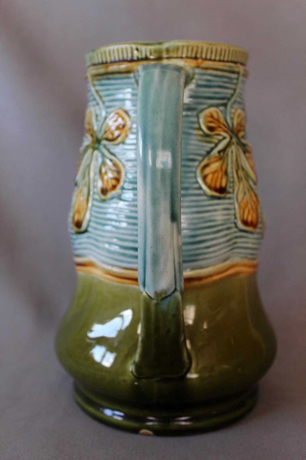 Large And Tall Antique French Majolica Ceramic Jug Pitcher, Turquoise Green Brown, Leaf Design, 19th Century, Water Pitcher, Collectible photo Home Decor