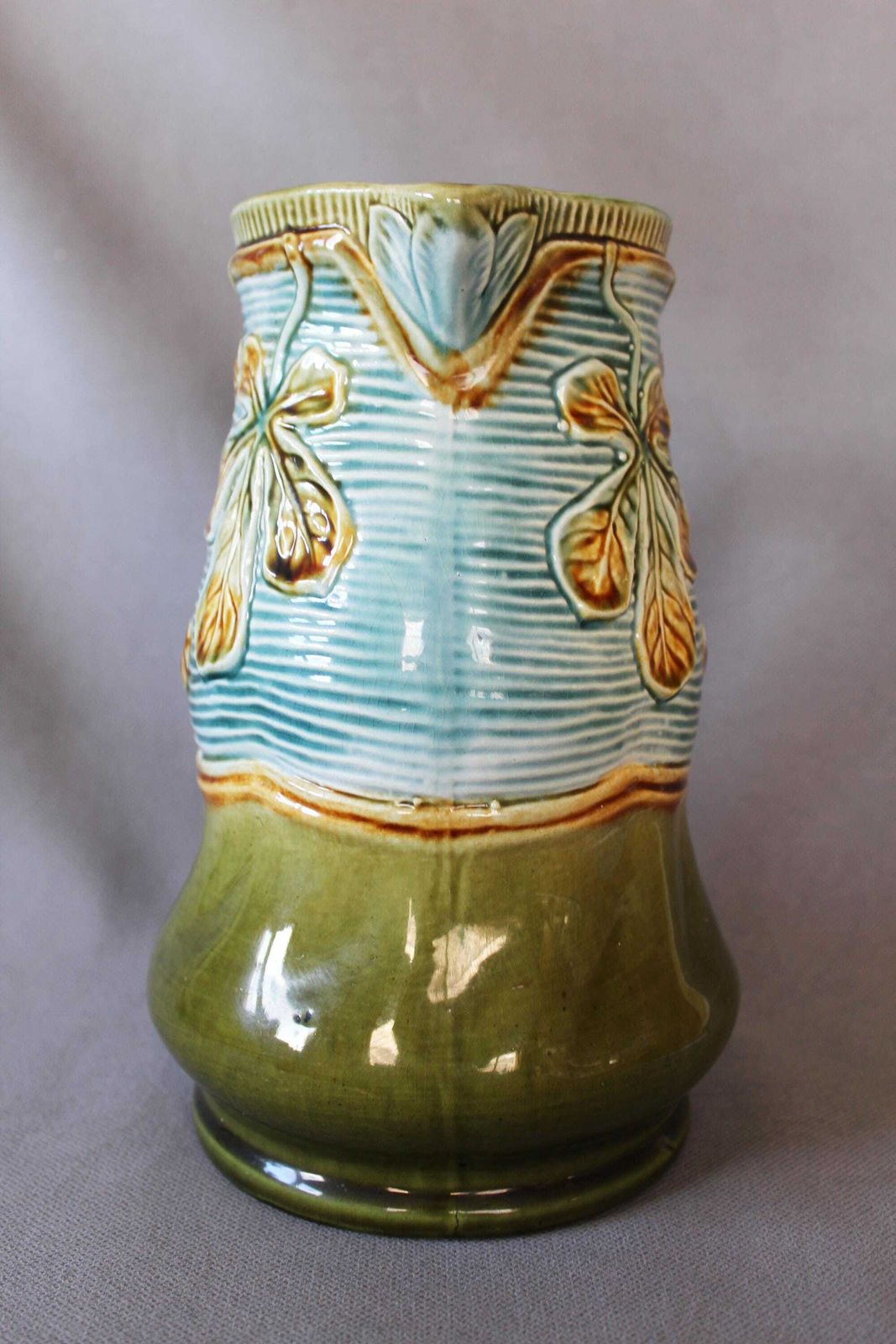 Large And Tall Antique French Majolica Ceramic Jug Pitcher, Turquoise Green Brown, Leaf Design, 19th Century, Water Pitcher, Collectible photo buy