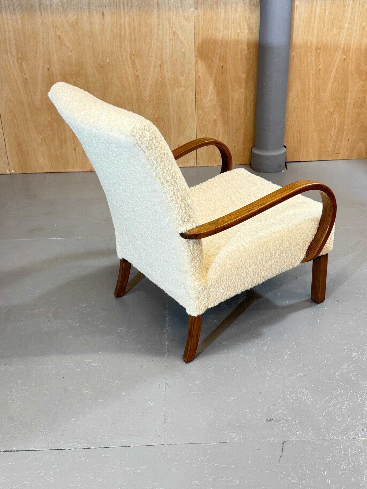 photo for sale Parker Knoll Pk 704 1940’s Oak Armchair In (Faux) Lambs Sheep Fleece Plush Fabric Deep Boucle. Stunning Item.. Fully Refurbished & Restored