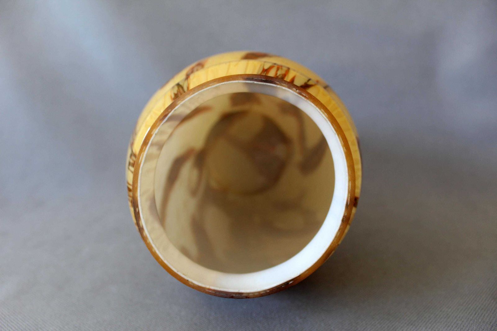 photo furniture Art Deco Circa 1930s Tall Opaline Glass Vase, Marbled Glass, Caramel, Double Cased Glass, Scailmont Heemskerk Cristal, Studio Art Glass