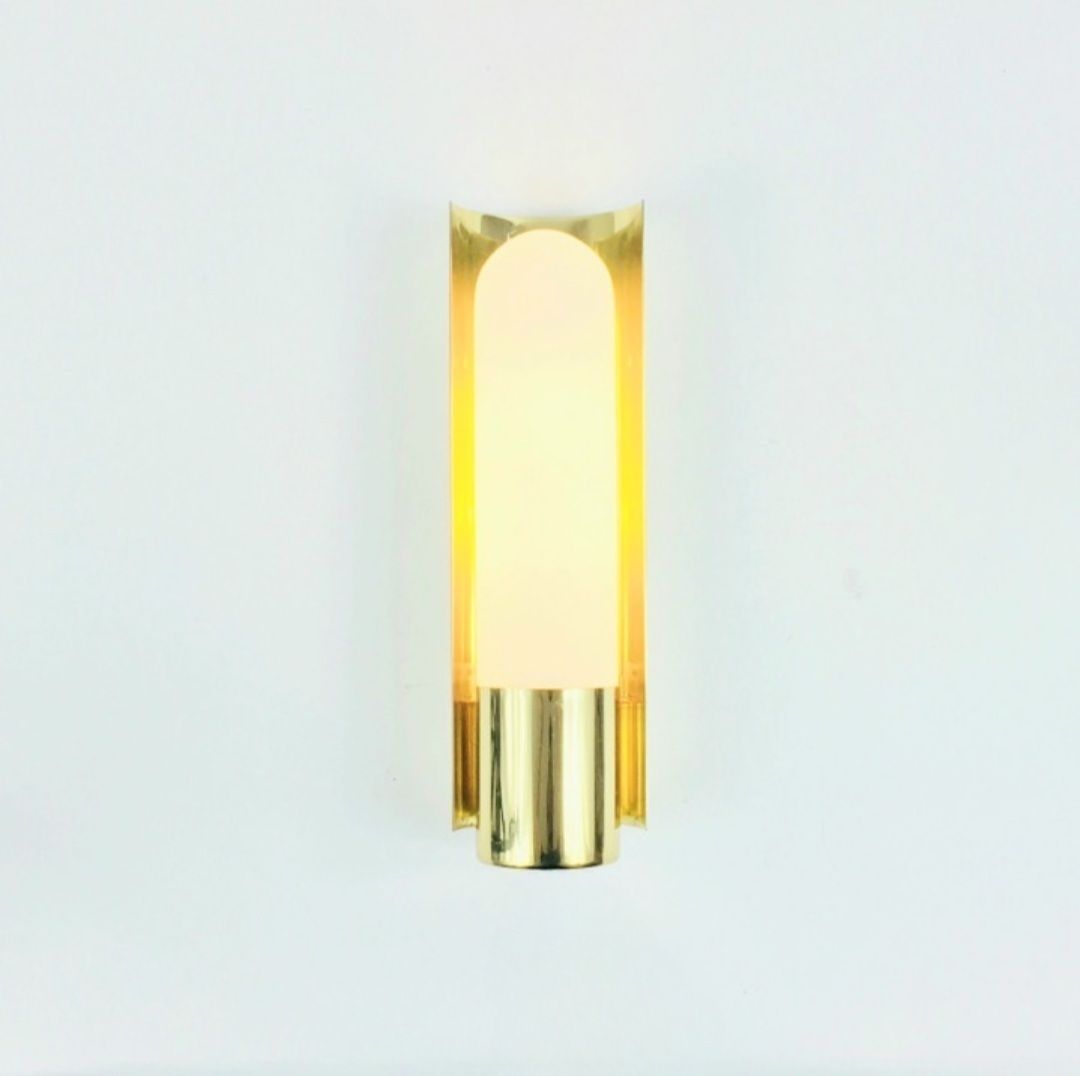 Pair Of Brass And Opaline Glass Wall Lights From Limburg, Germany, 1970s photo for sale