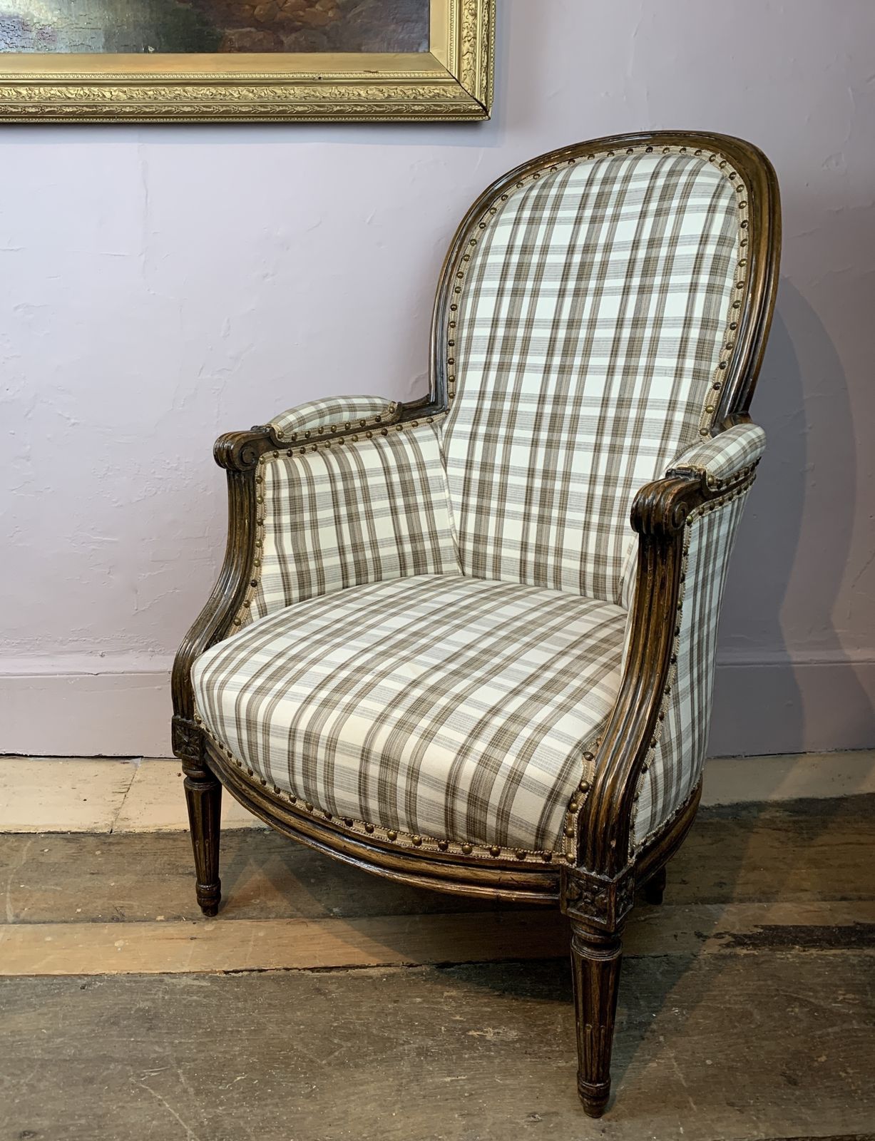 Antique French Bergere Tub Armchair With Check