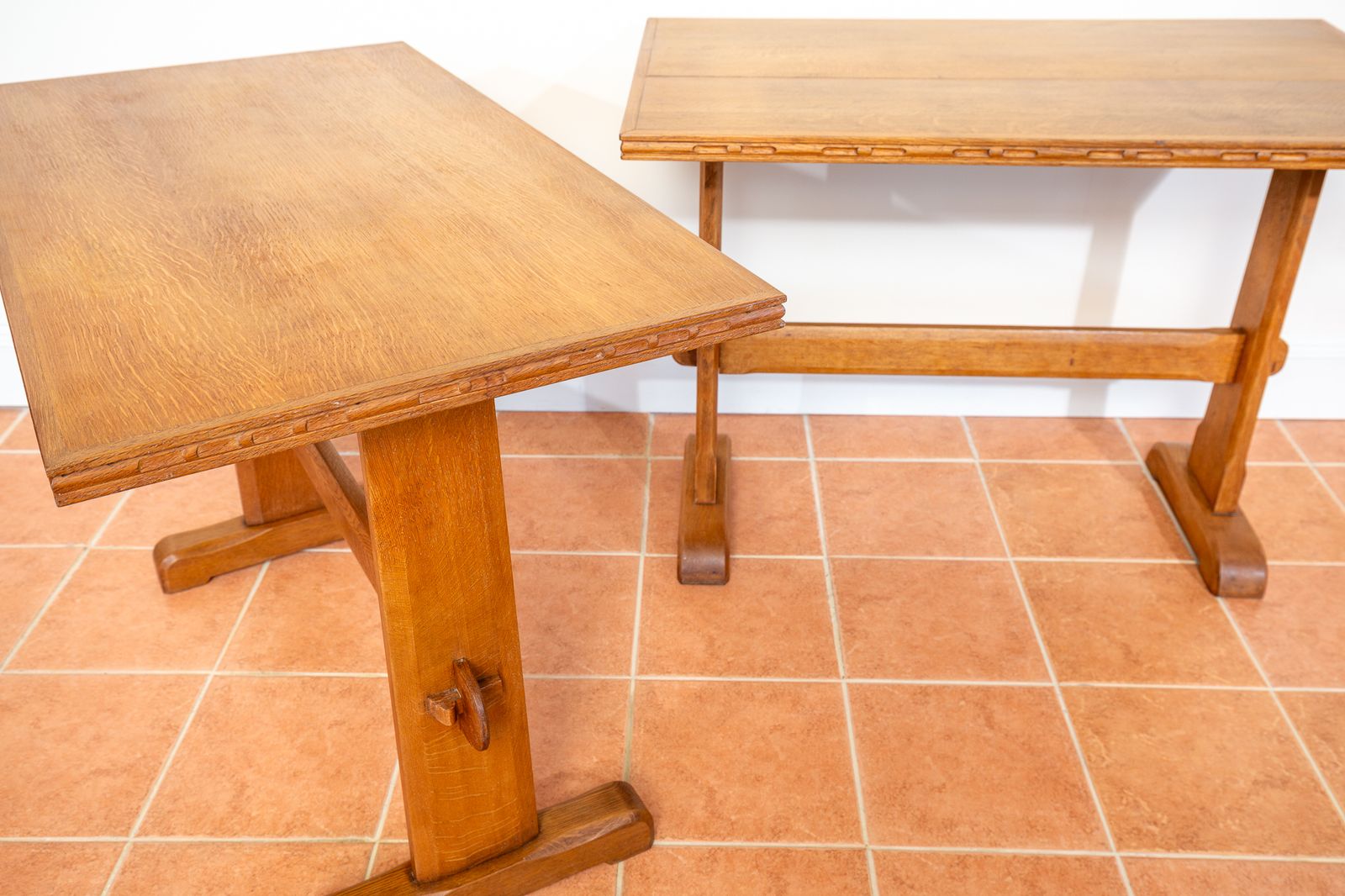 photo buy Pair Of Light Oak Refectory Trestle Tables Cotswold School Arts And Crafts Heals Bedroom Side Dining Tables Golden Oak Rustic Farmhouse Antiqu.E