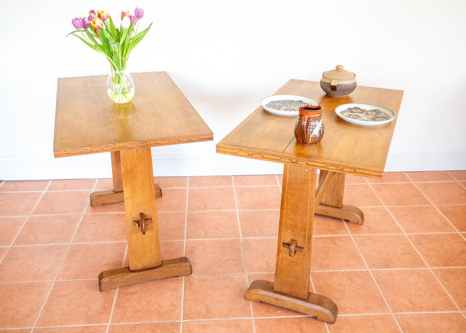 Pair Of Light Oak Refectory Trestle Tables Cotswold School Arts And Crafts Heals Bedroom Side Dining Tables Golden Oak Rustic Farmhouse Antiqu.E photo for sale