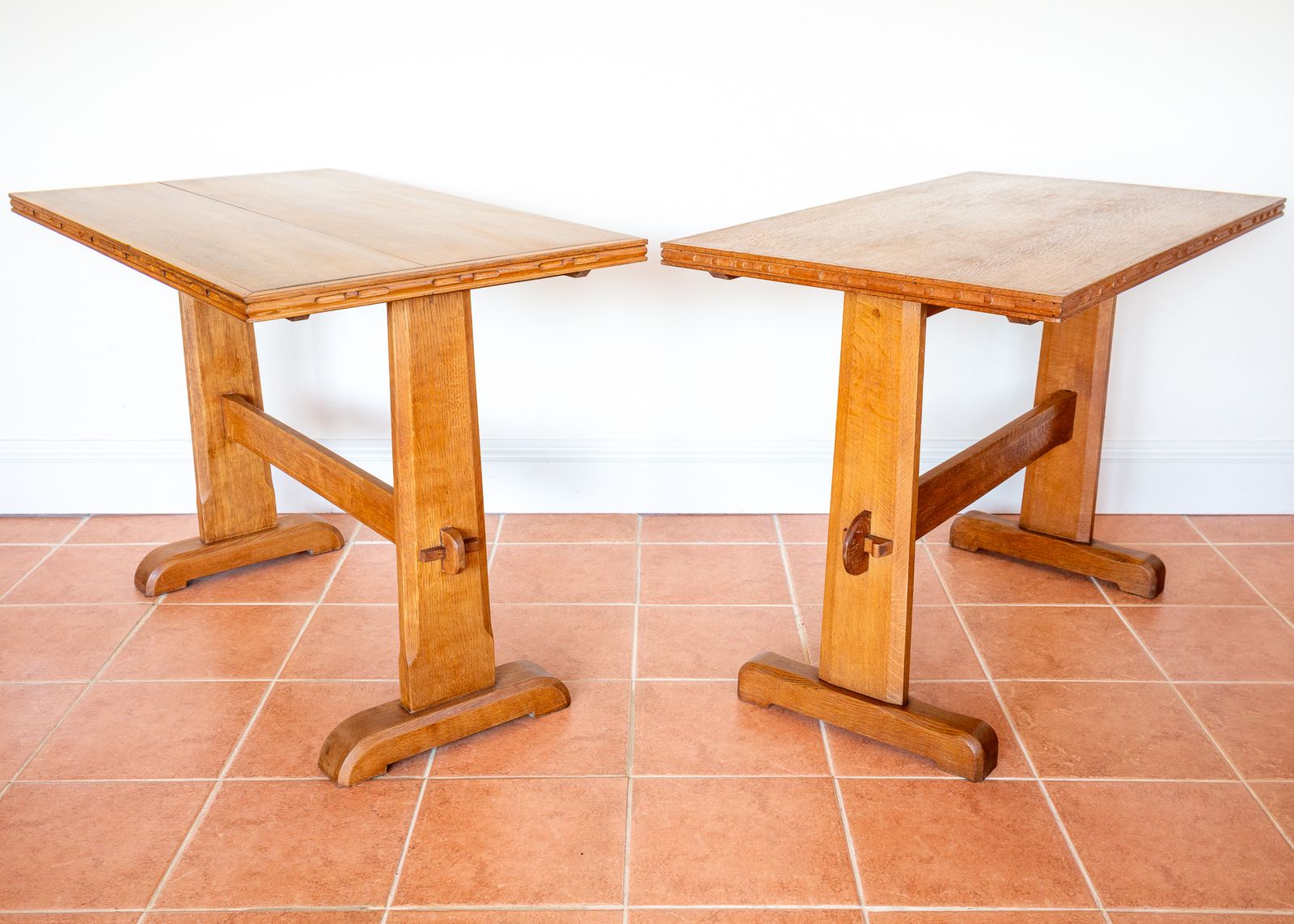 Pair Of Light Oak Refectory Trestle Tables Cotswold School Arts And Crafts Heals Bedroom Side Dining Tables Golden Oak Rustic Farmhouse Antiqu.E