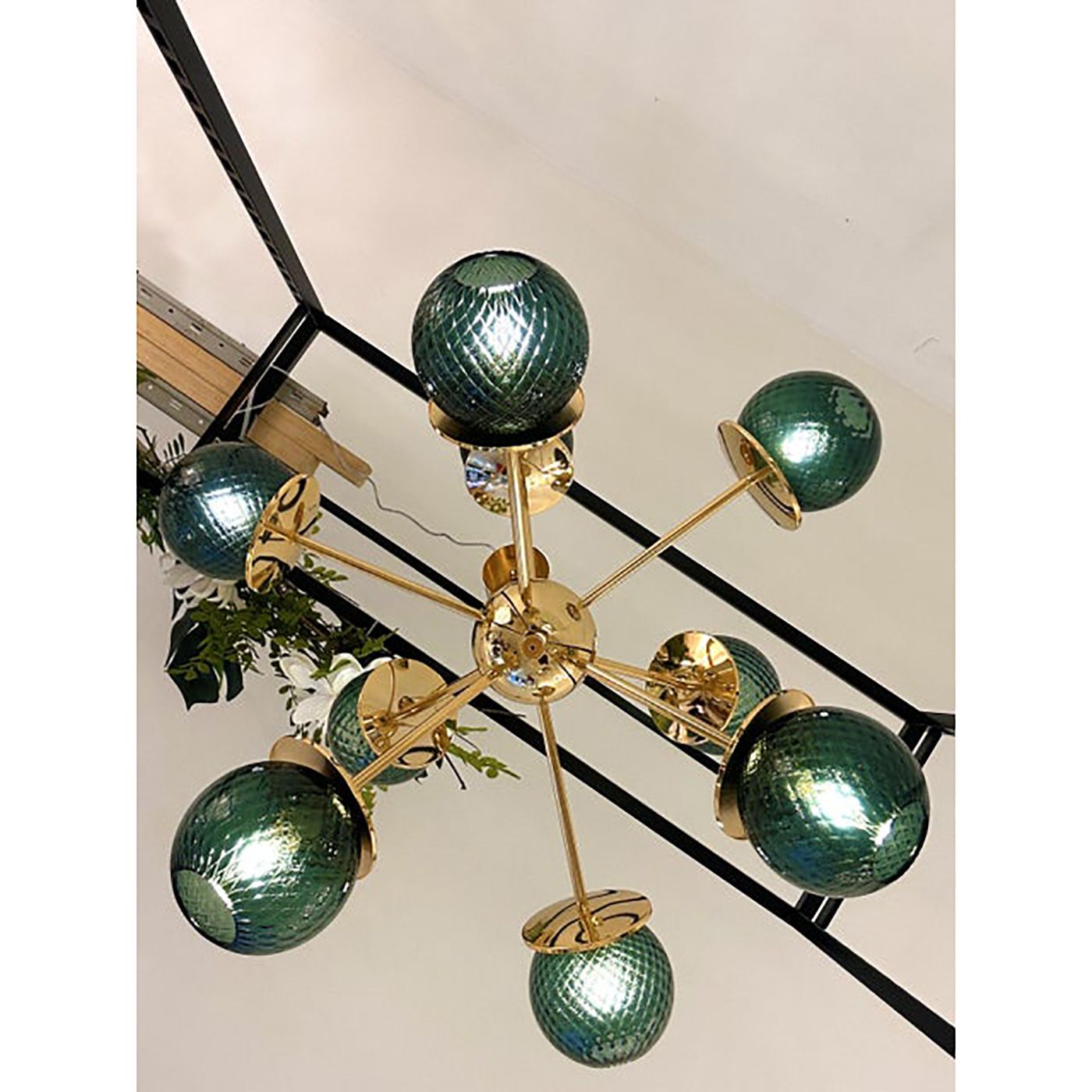 Italian Gold Chandelier Sputnik In Murano Glass Style Green "Balloton" photo vinterior