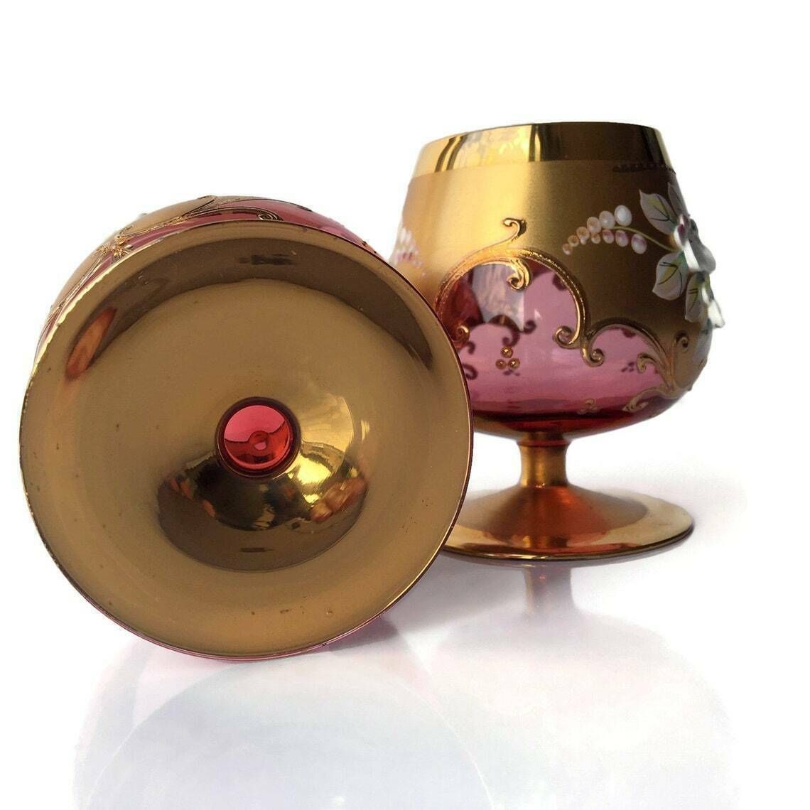 1x Moser Cognac Glass | Brandy Snifter | Cranberry Covered With Gold And Raised Flowers. Czech Republic Glass Art. photo vintage