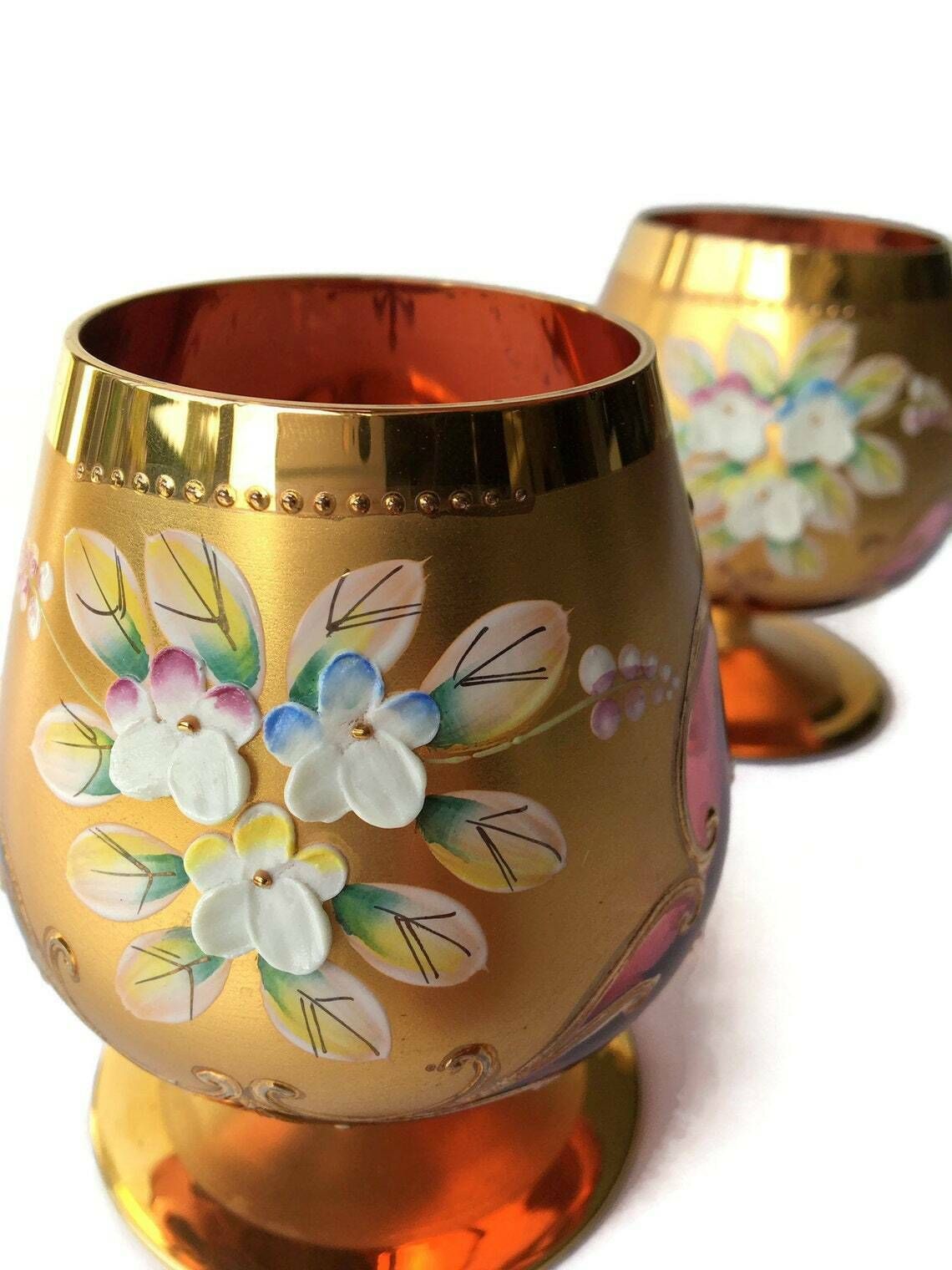 photo furniture 1x Moser Cognac Glass | Brandy Snifter | Cranberry Covered With Gold And Raised Flowers. Czech Republic Glass Art.