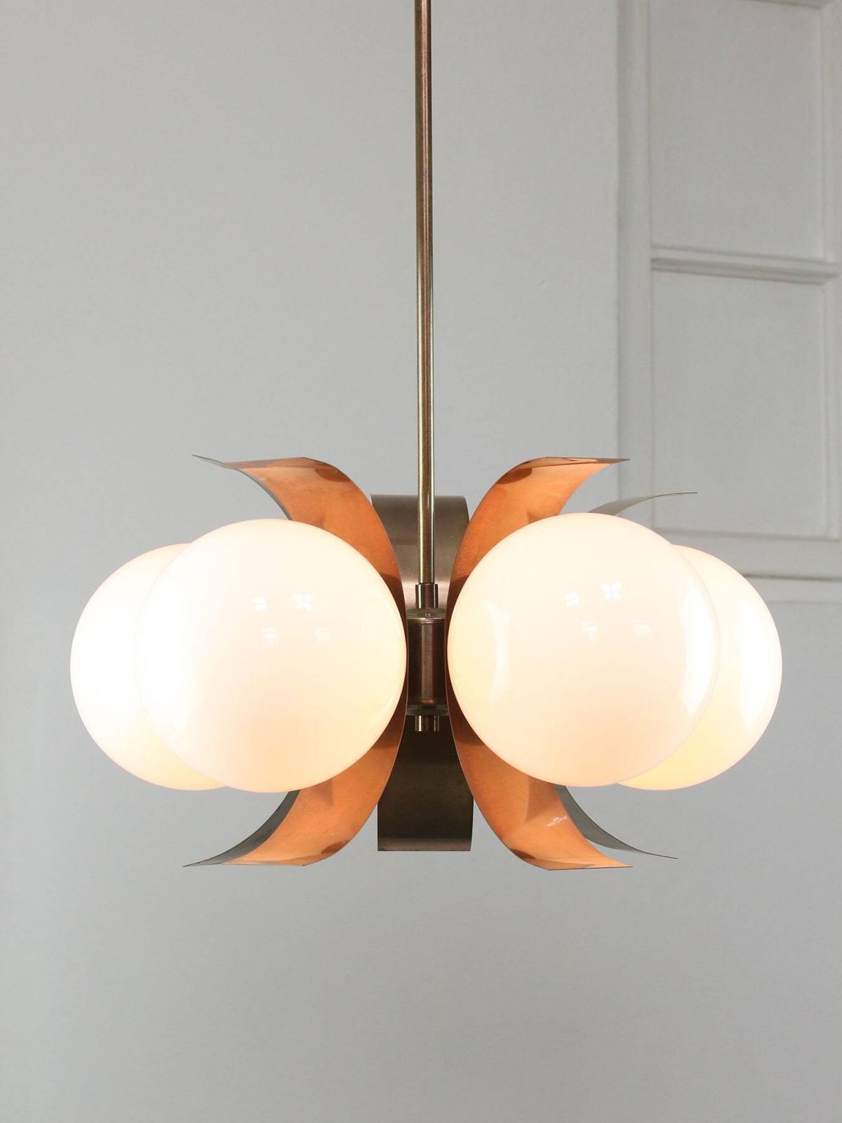 Vintage Italian Copper And Opaline Chandelier, 1970s photo furniture