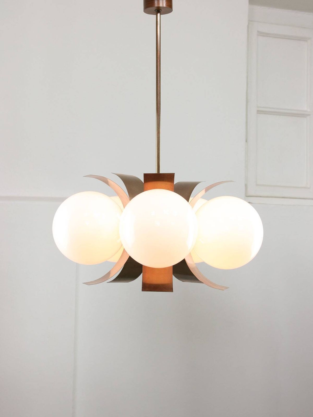 Vintage Italian Copper And Opaline Chandelier, 1970s photo for sale
