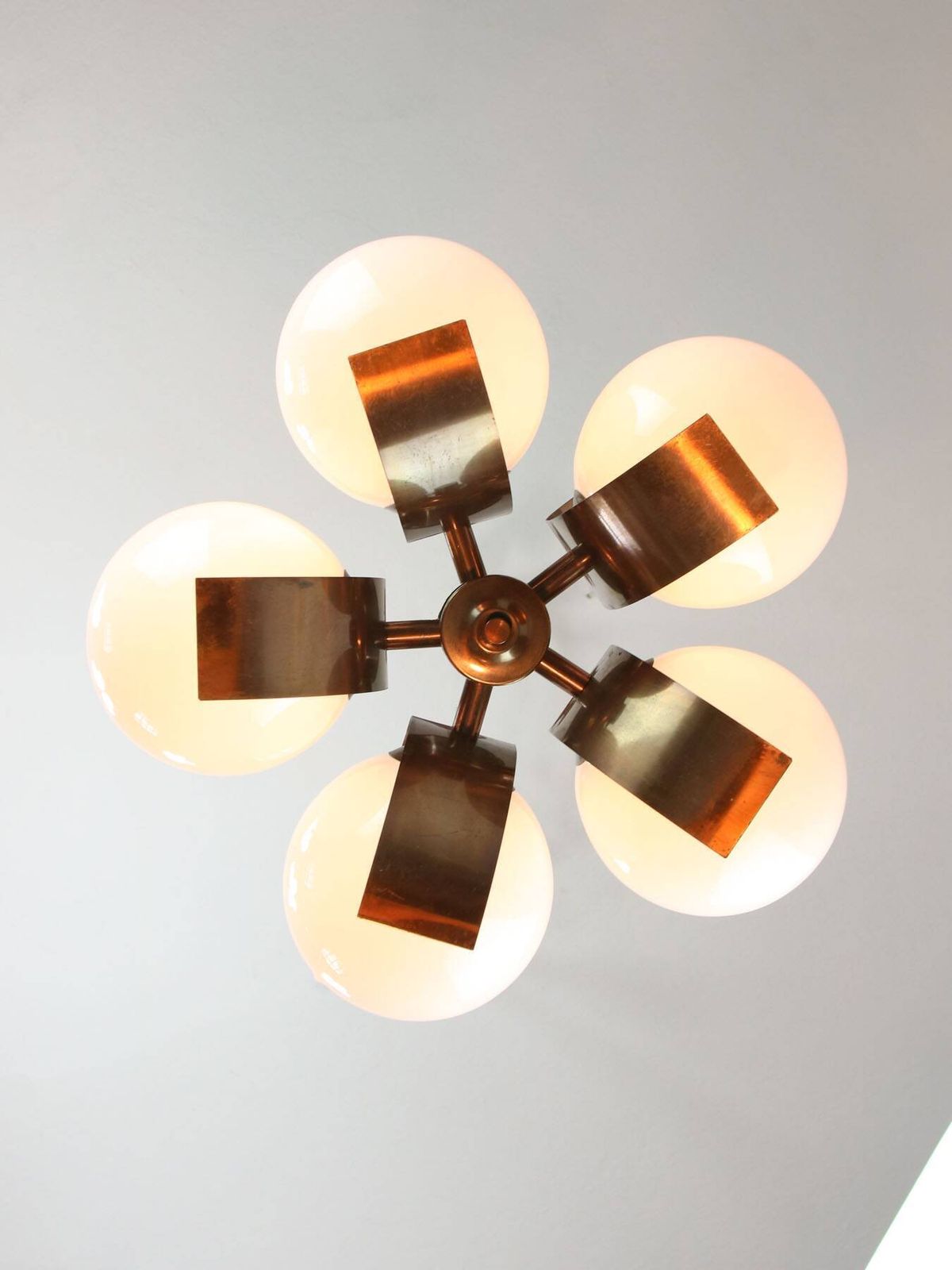 625.0 Vintage Italian Copper And Opaline Chandelier, 1970s photo