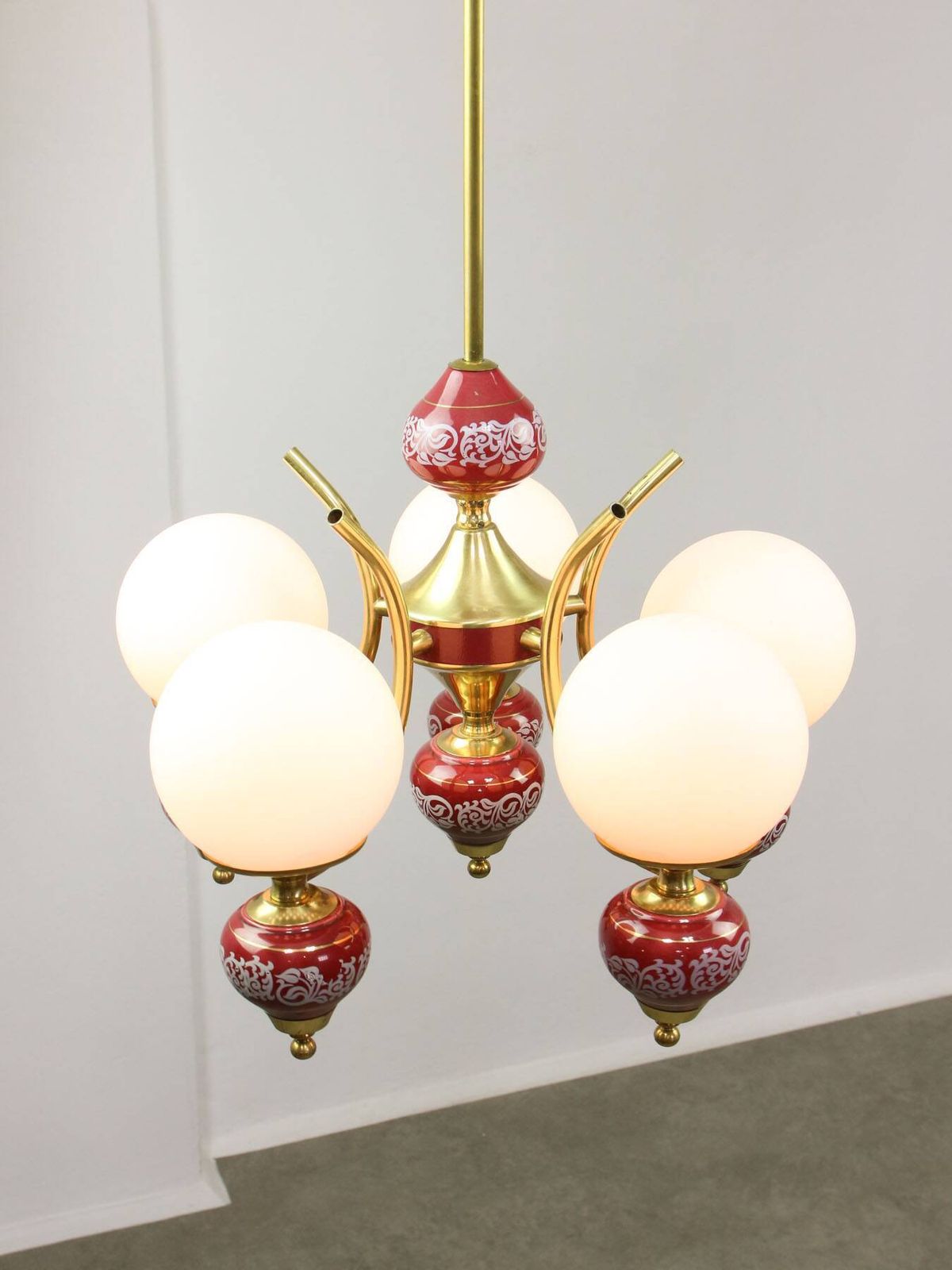 Mid Century Italian Brass, Opaline & Ceramic Chandelier photo for sale