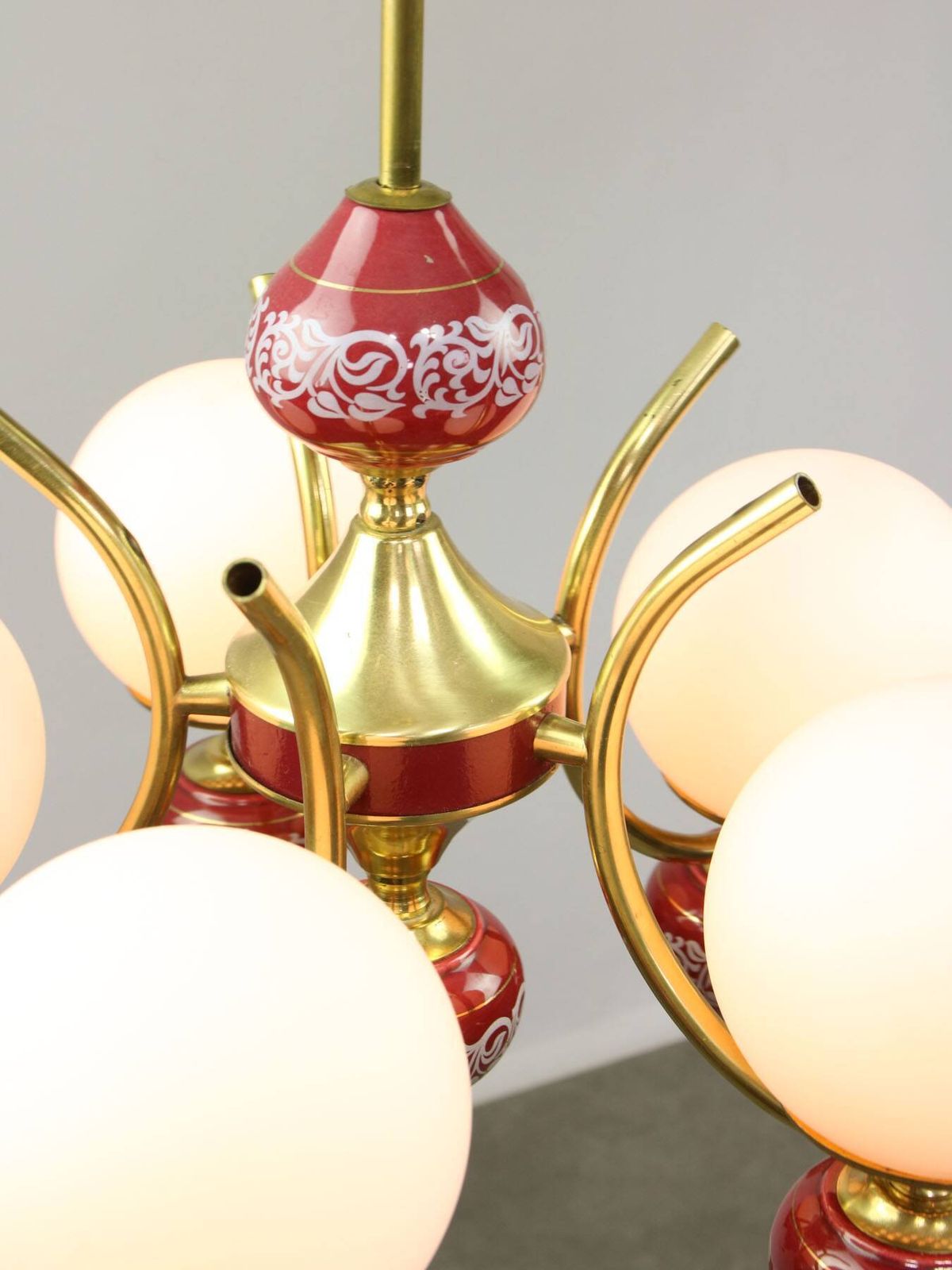 Mid Century Italian Brass, Opaline & Ceramic Chandelier photo Lighting