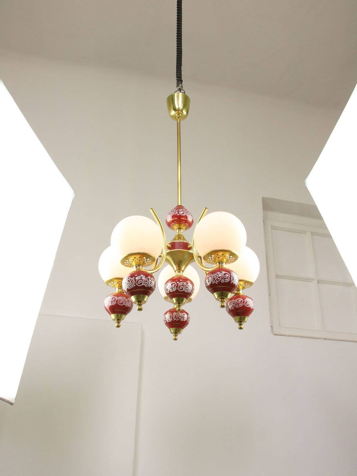 Mid Century Italian Brass, Opaline & Ceramic Chandelier photo 624.0