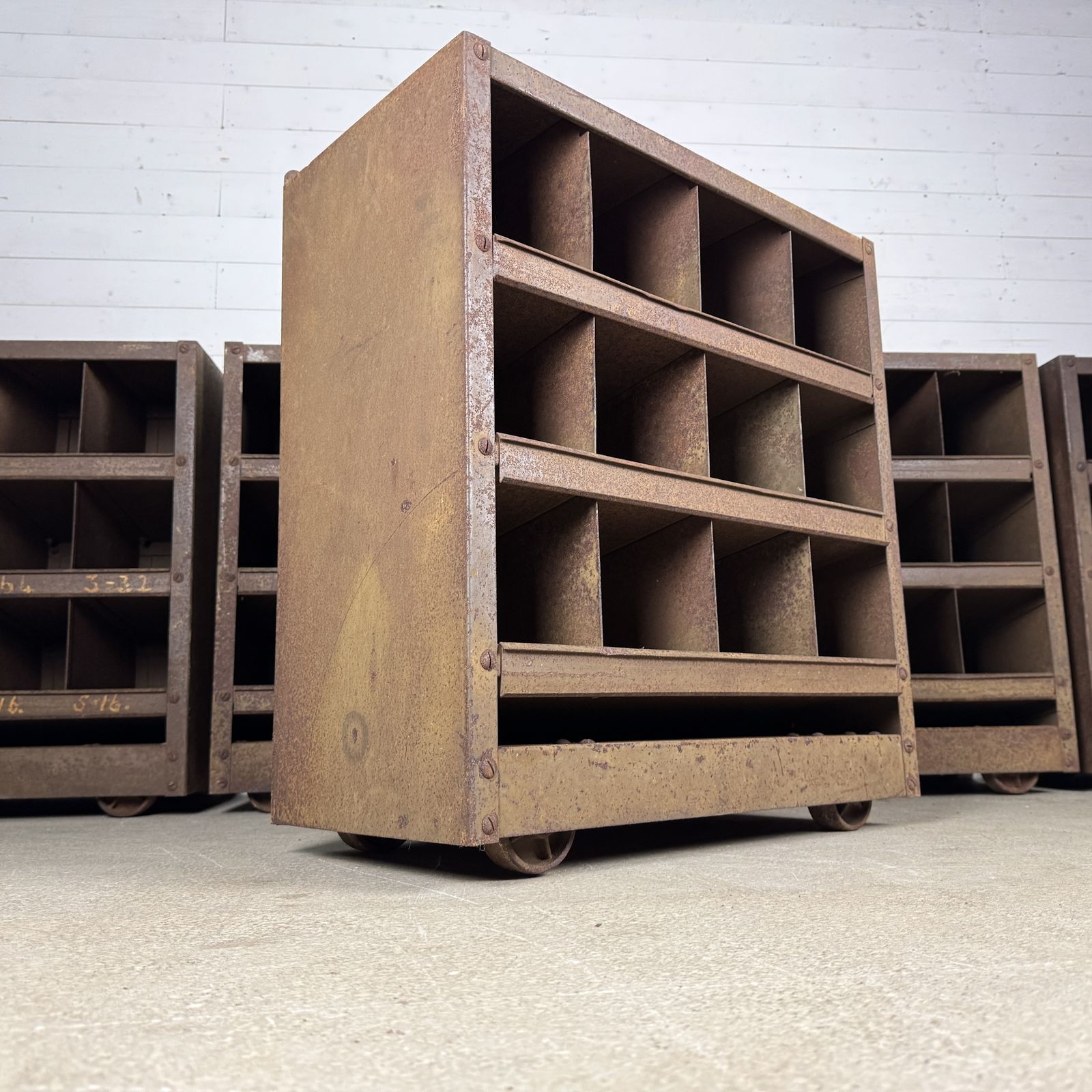 Set Of 6 Small Industrial Steel Pigeon Hole Units On Wheels photo furniture