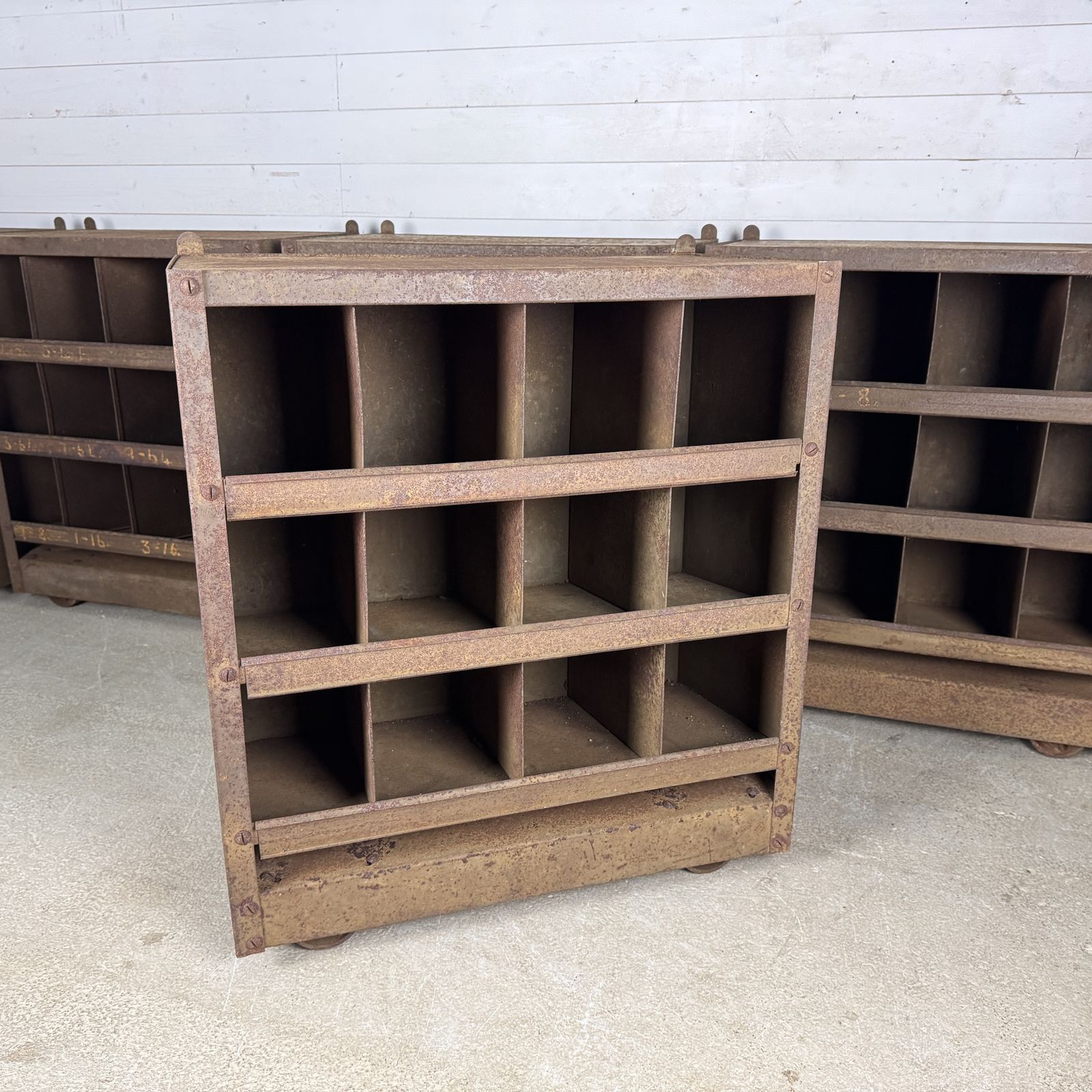 Set Of 6 Small Industrial Steel Pigeon Hole Units On Wheels photo for sale